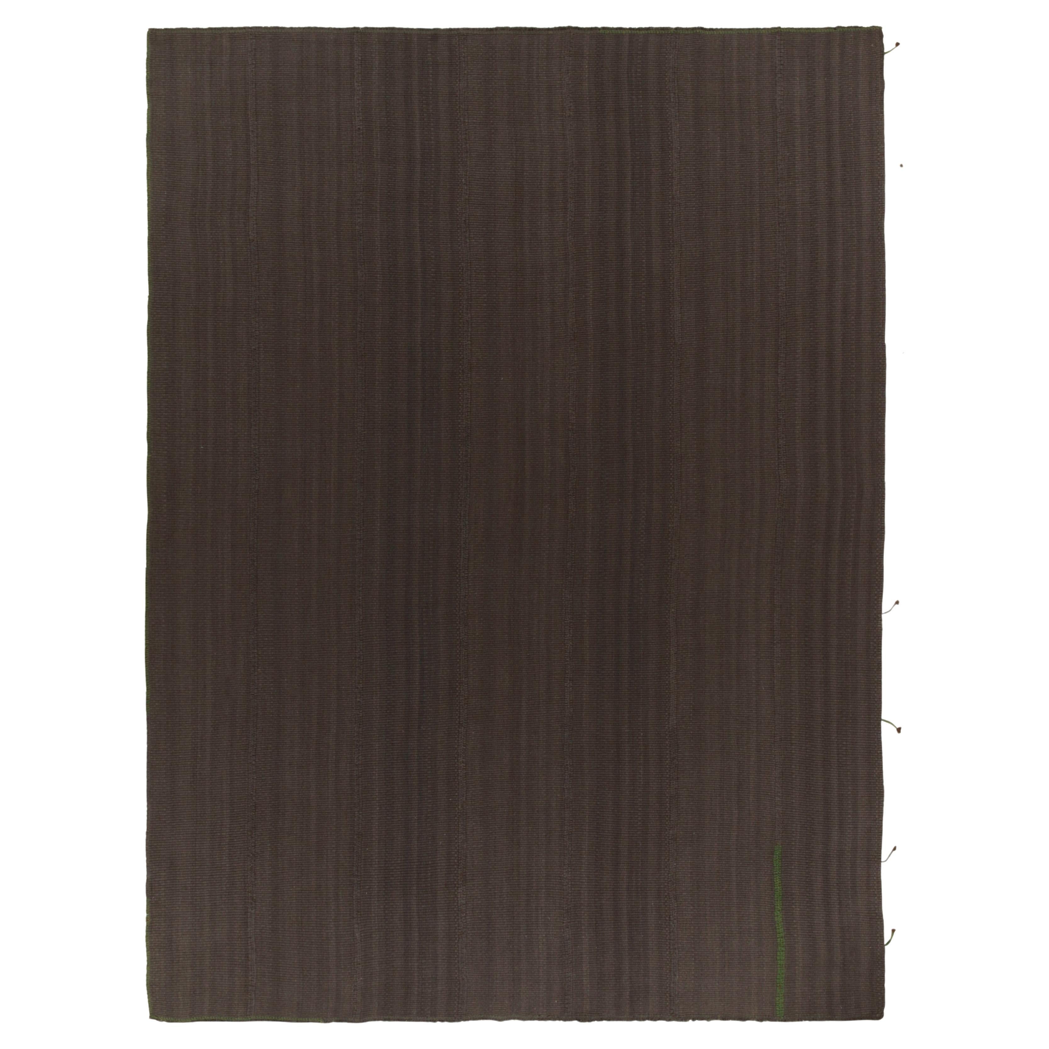 Rug & Kilim’s Contemporary Kilim in Rich Brown Stripes, Panel Woven style For Sale