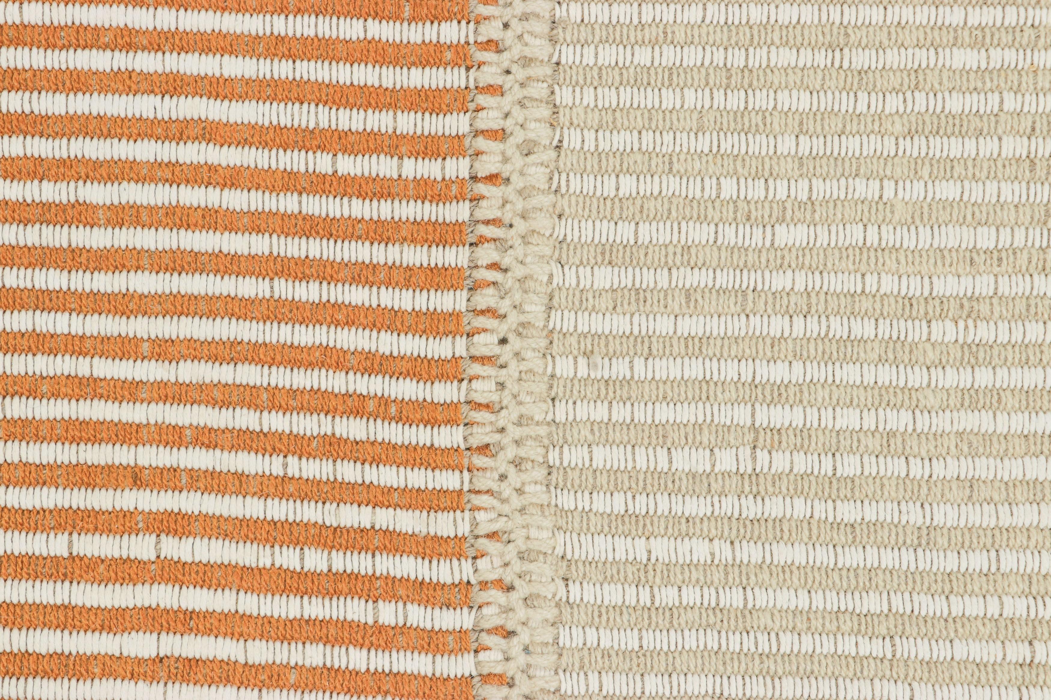 Afghan Rug & Kilim’s Contemporary Kilim in Rust Orange and Cream White Textural Stripes For Sale