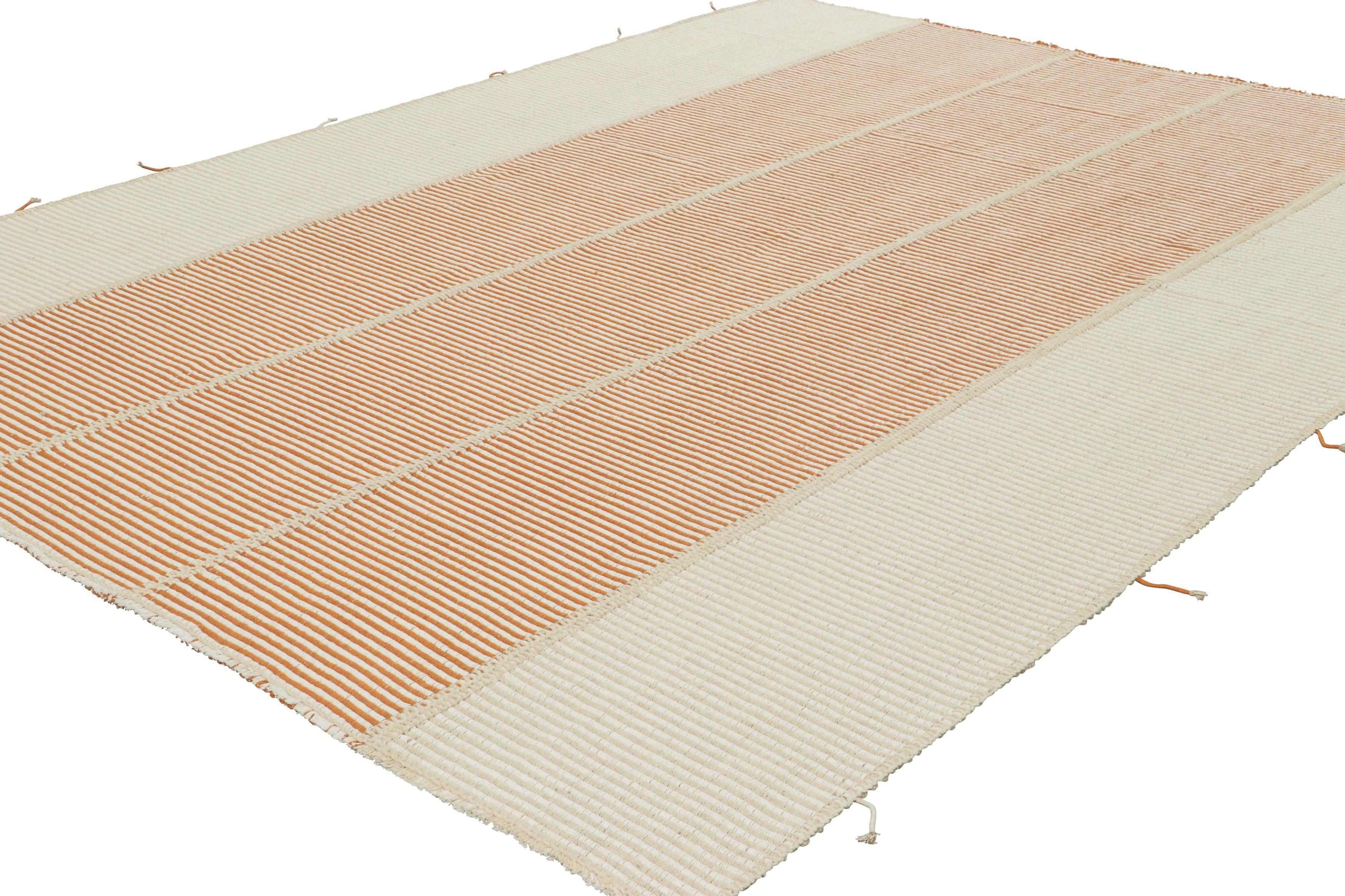 Hand-Woven Rug & Kilim’s Contemporary Kilim in Rust Orange and Cream White Textural Stripes For Sale