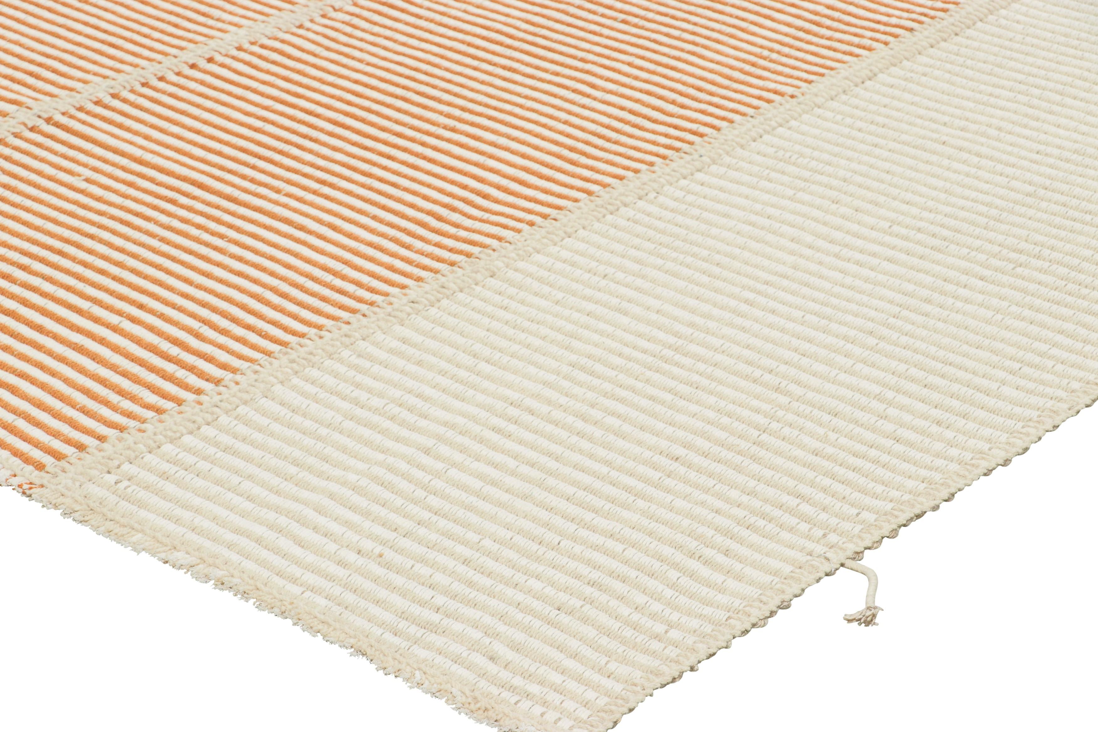 Wool Rug & Kilim’s Contemporary Kilim in Rust Orange and Cream White Textural Stripes For Sale