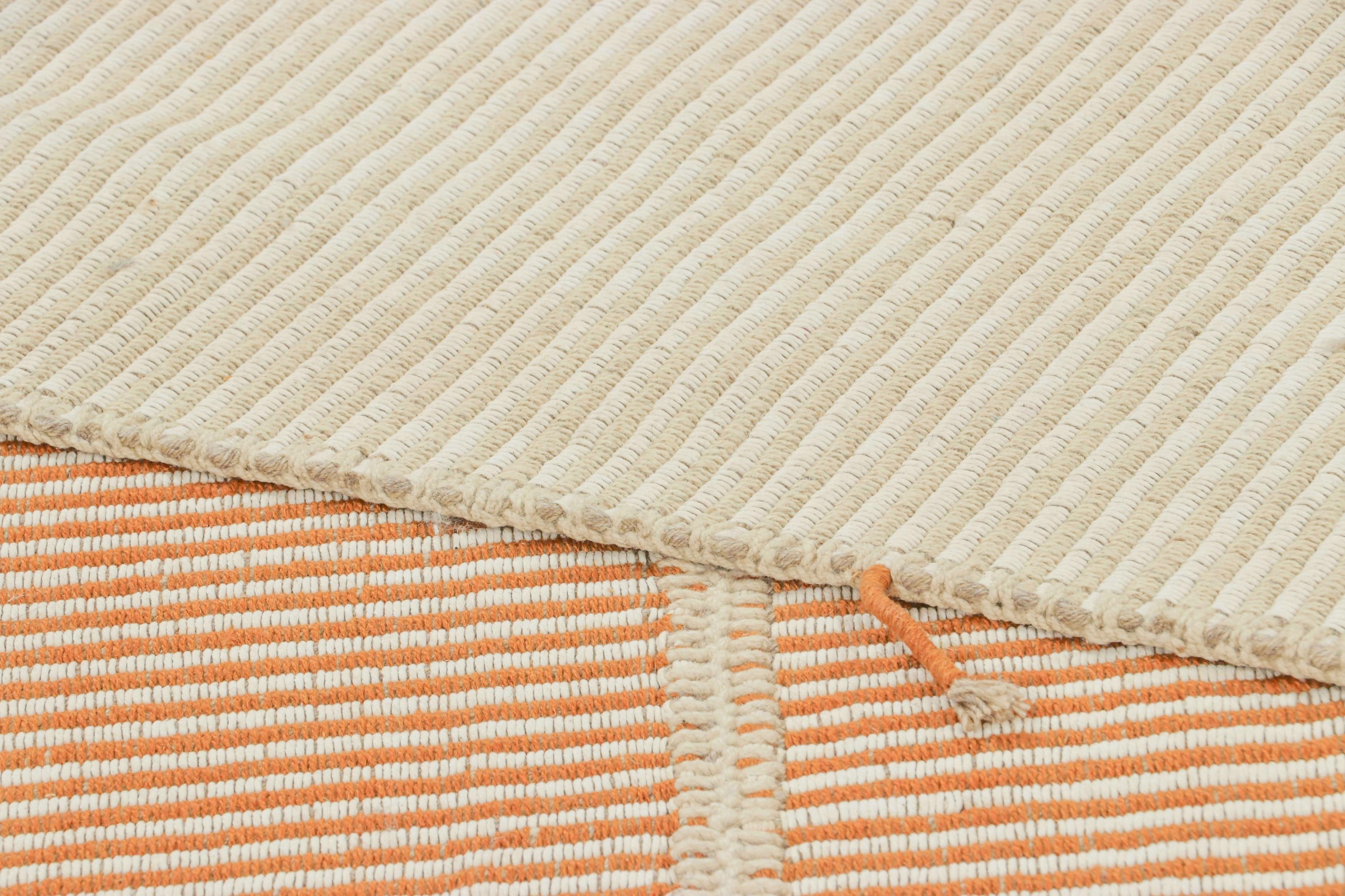 Rug & Kilim’s Contemporary Kilim in Rust Orange and Cream White Textural Stripes For Sale 1