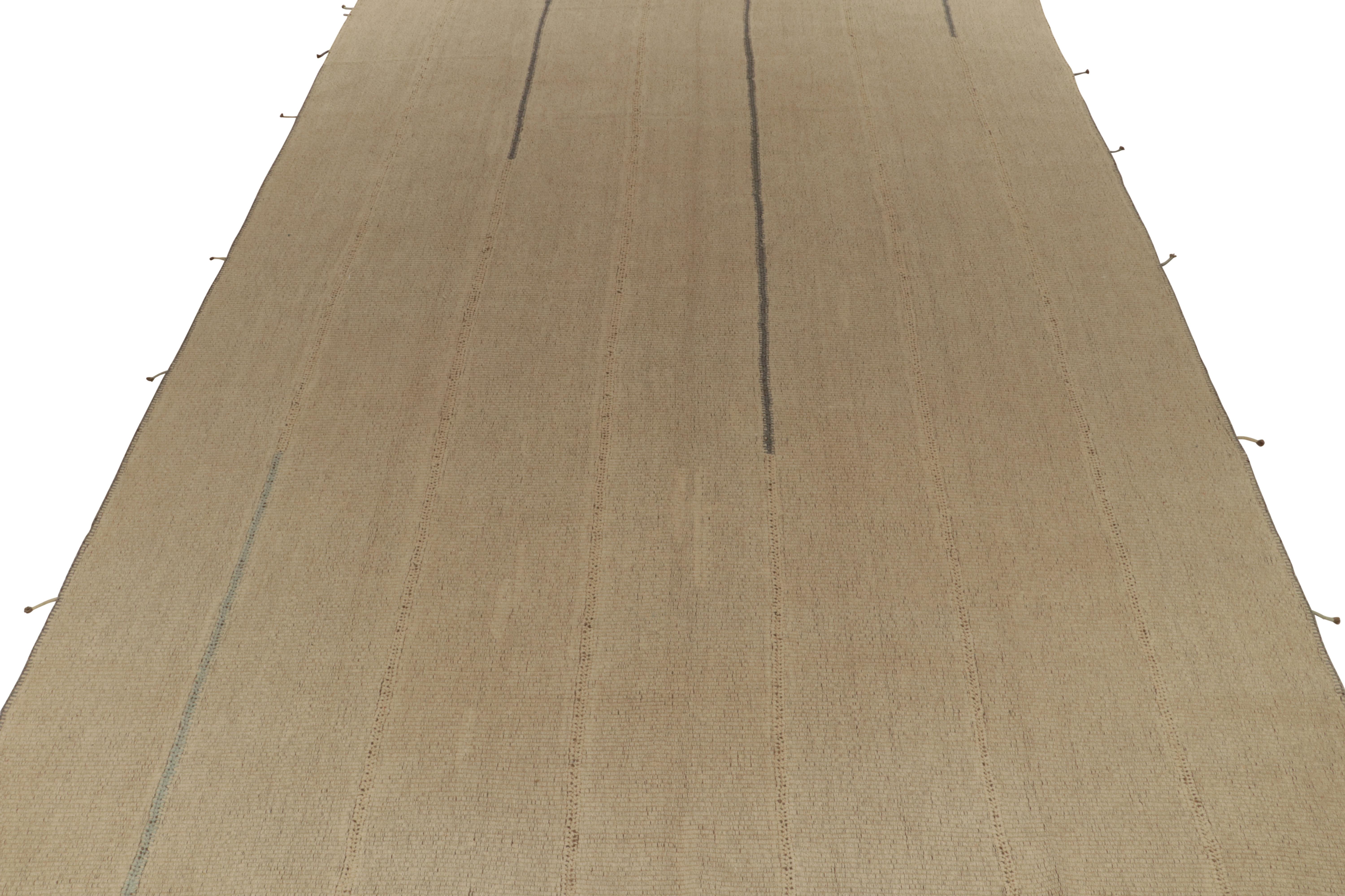 Afghan Rug & Kilim’s Contemporary Kilim in Sandy Beige-Brown, Panel Woven Style For Sale