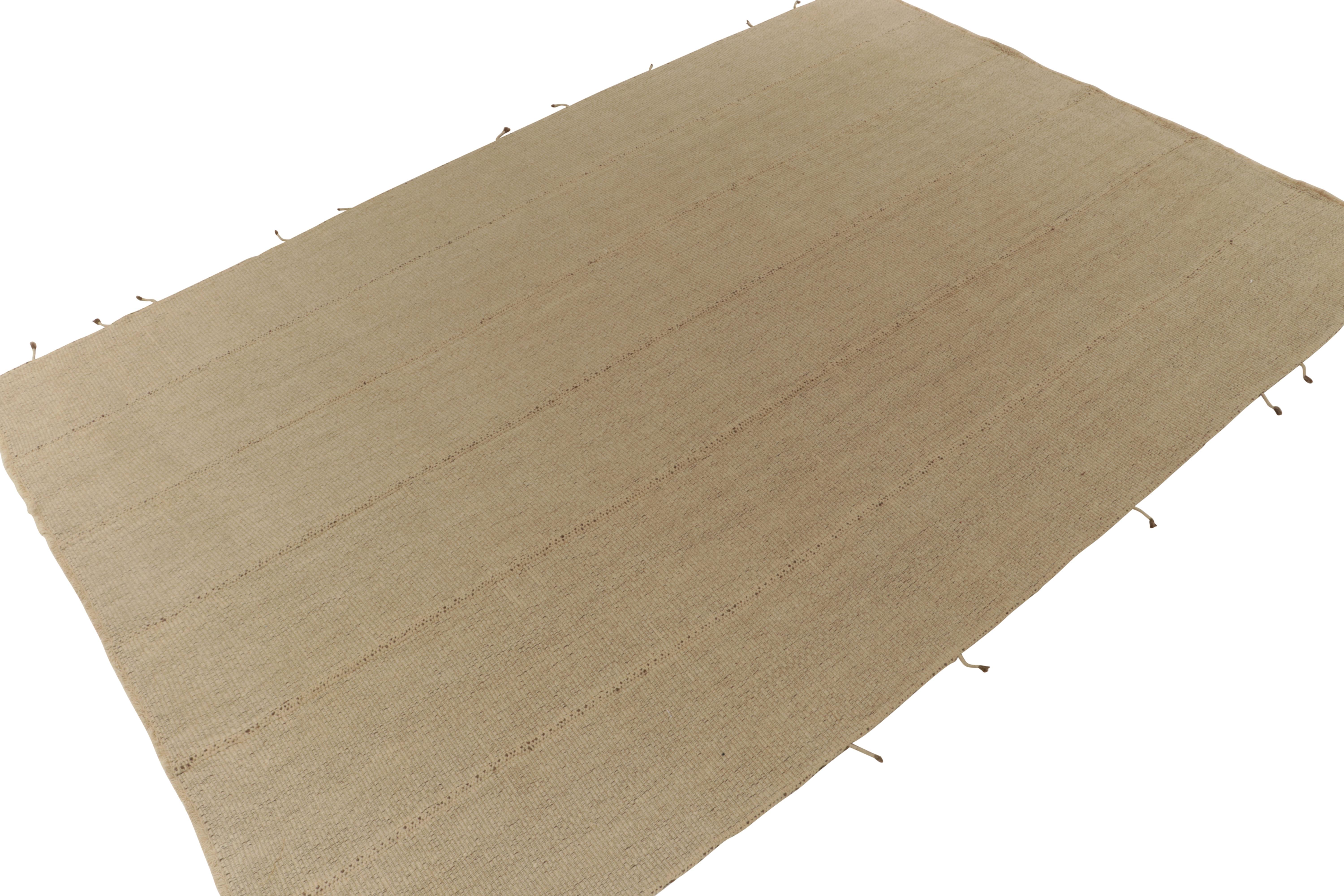 Afghan Rug & Kilim’s Contemporary Kilim in Sandy, Solid Beige-Brown Panel Woven Style For Sale