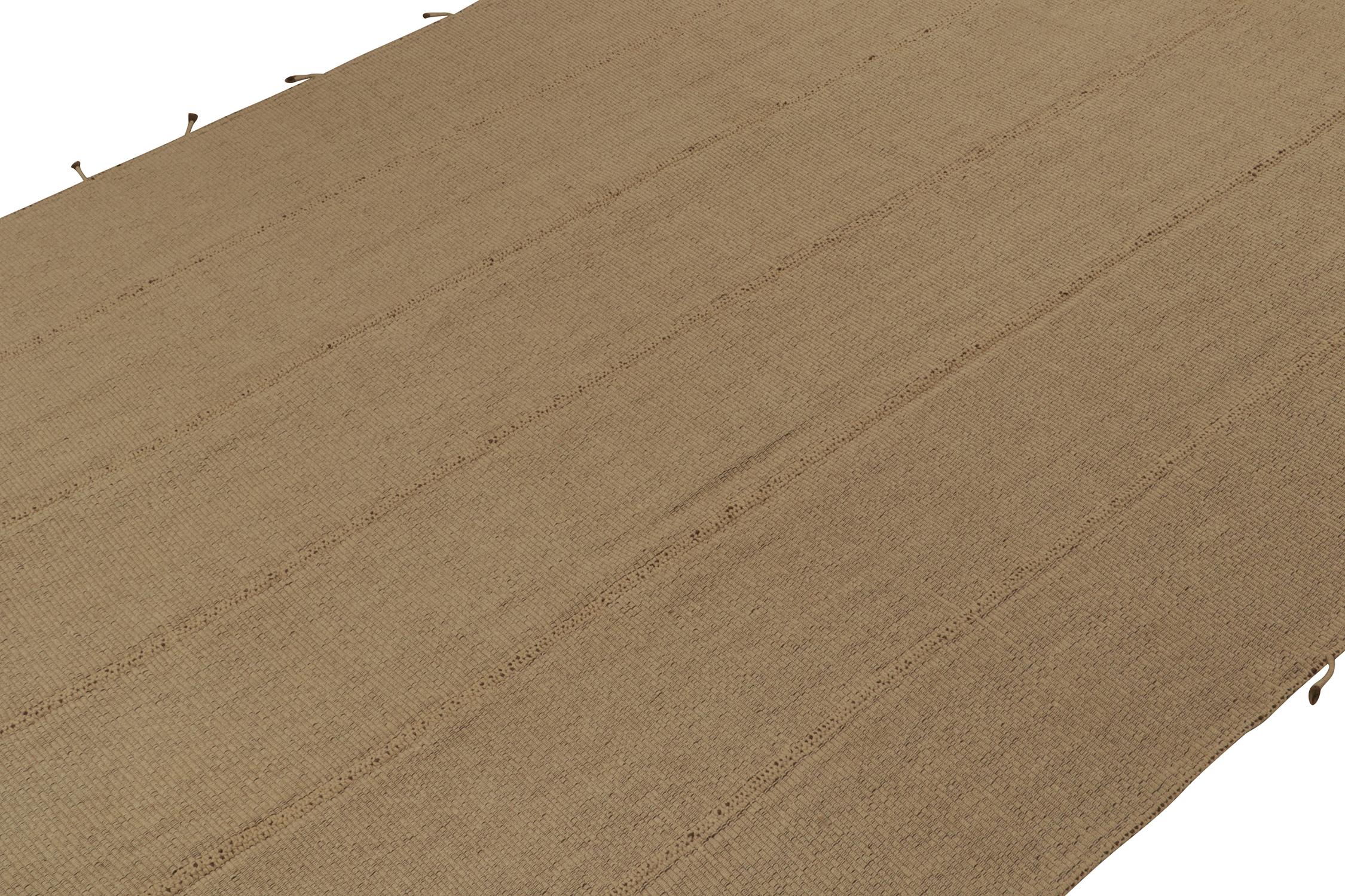 Afghan Rug & Kilim’s Contemporary Kilim in Sandy, Solid Beige-Brown Panel Woven Style For Sale