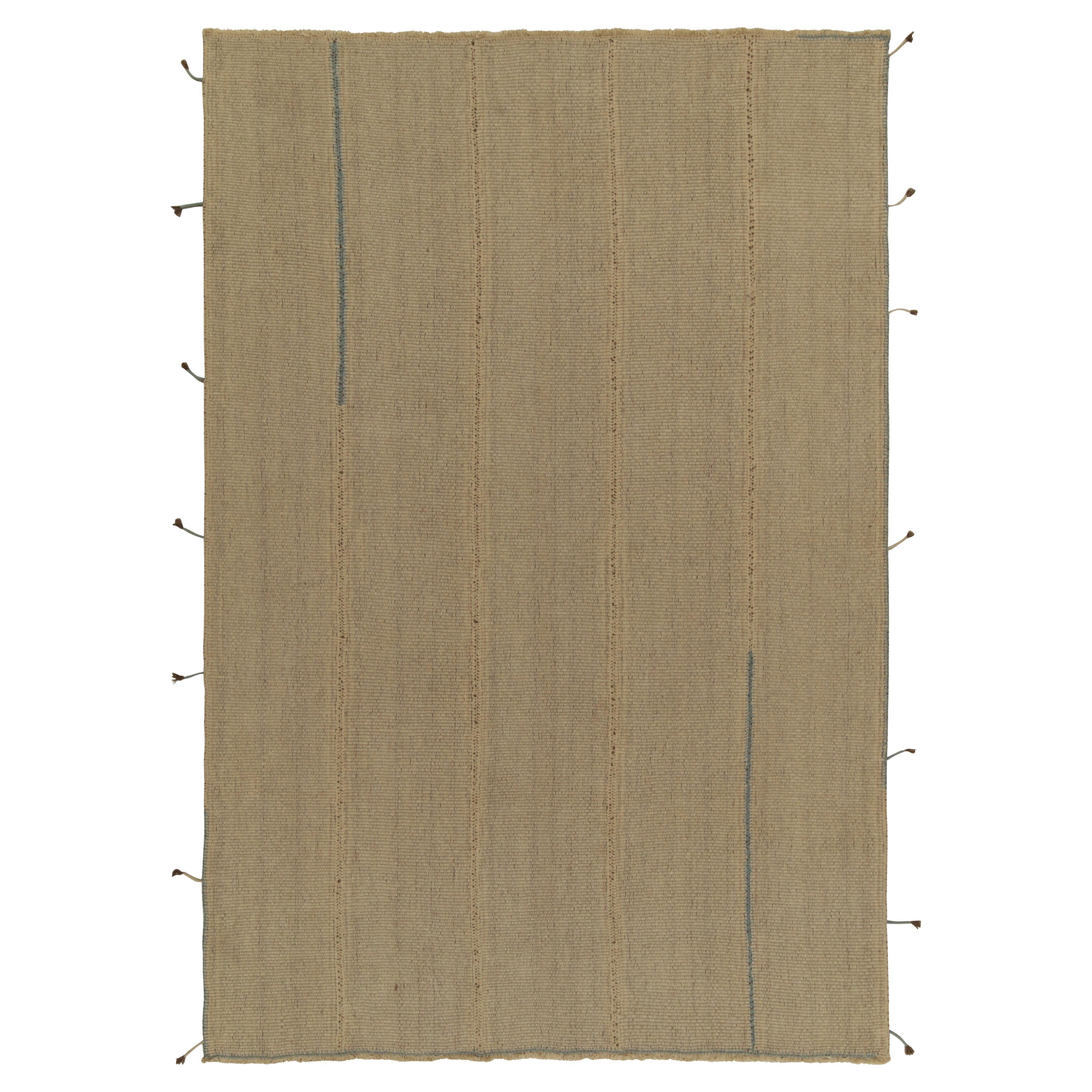 Rug & Kilim’s Contemporary Kilim in Sandy Solid Beige-Brown with Blue Accents For Sale