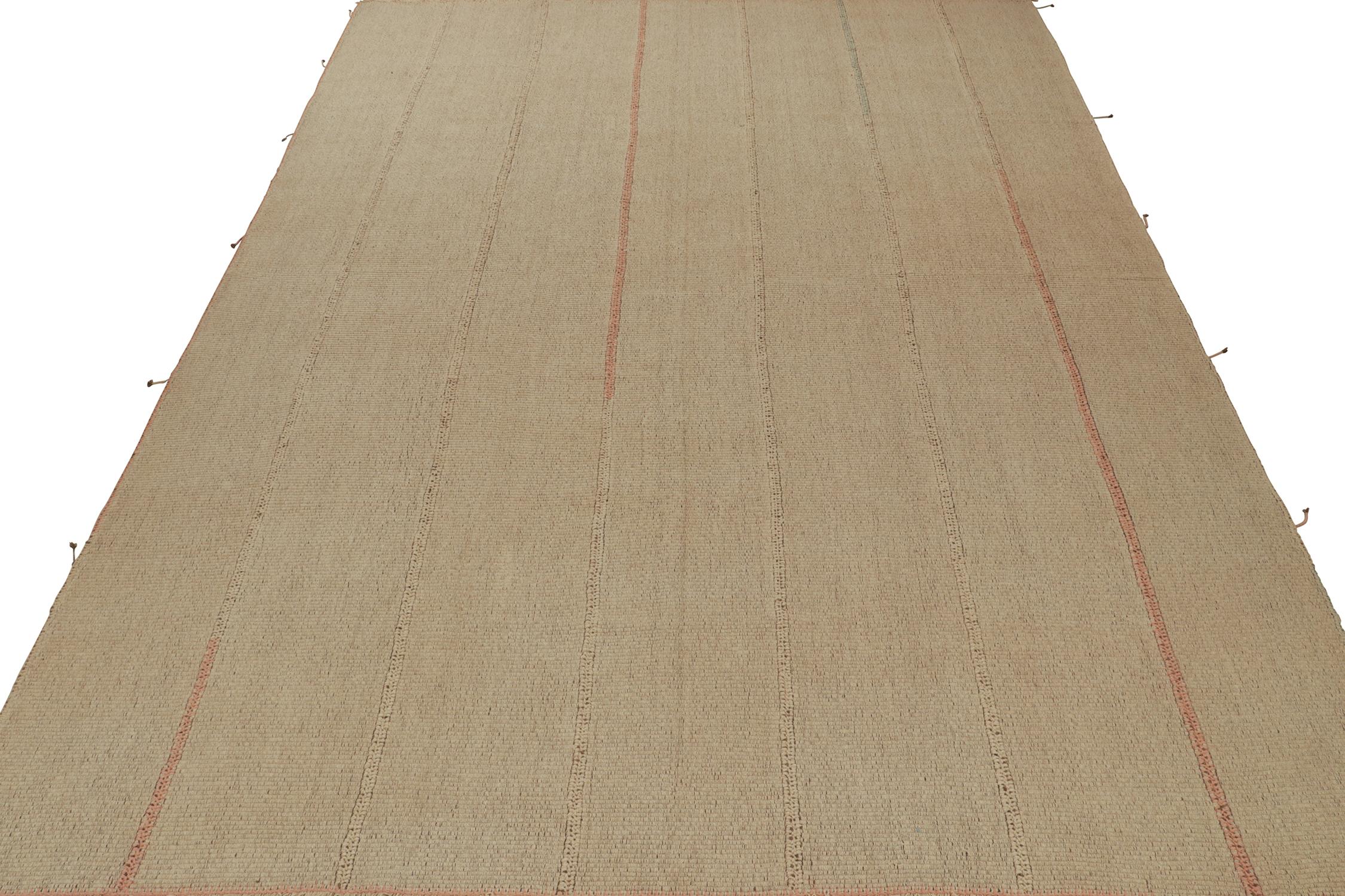 Modern Rug & Kilim’s Contemporary Kilim in Sandy, Solid Beige-Brown with Pink Accents For Sale