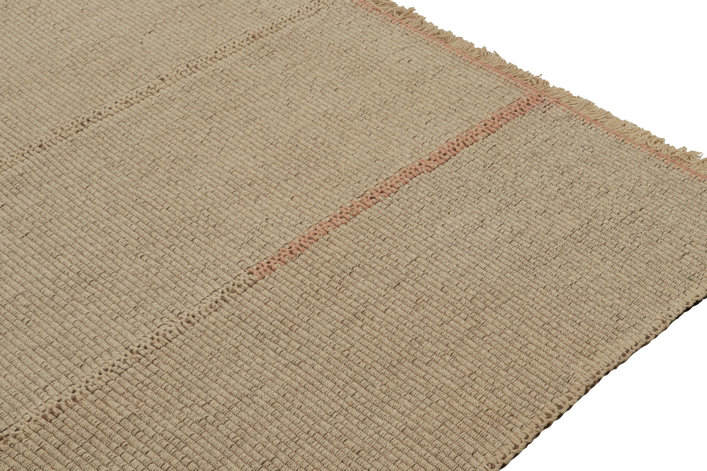 Hand-Knotted Rug & Kilim’s Contemporary Kilim in Sandy, Solid Beige-Brown with Pink Accents For Sale