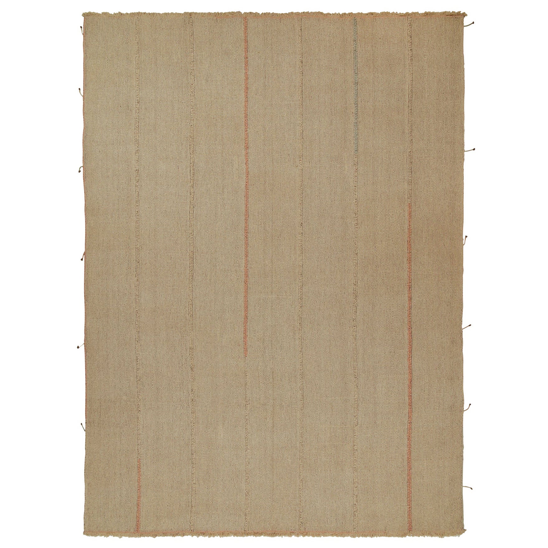 Rug & Kilim’s Contemporary Kilim in Sandy, Solid Beige-Brown with Pink Accents For Sale