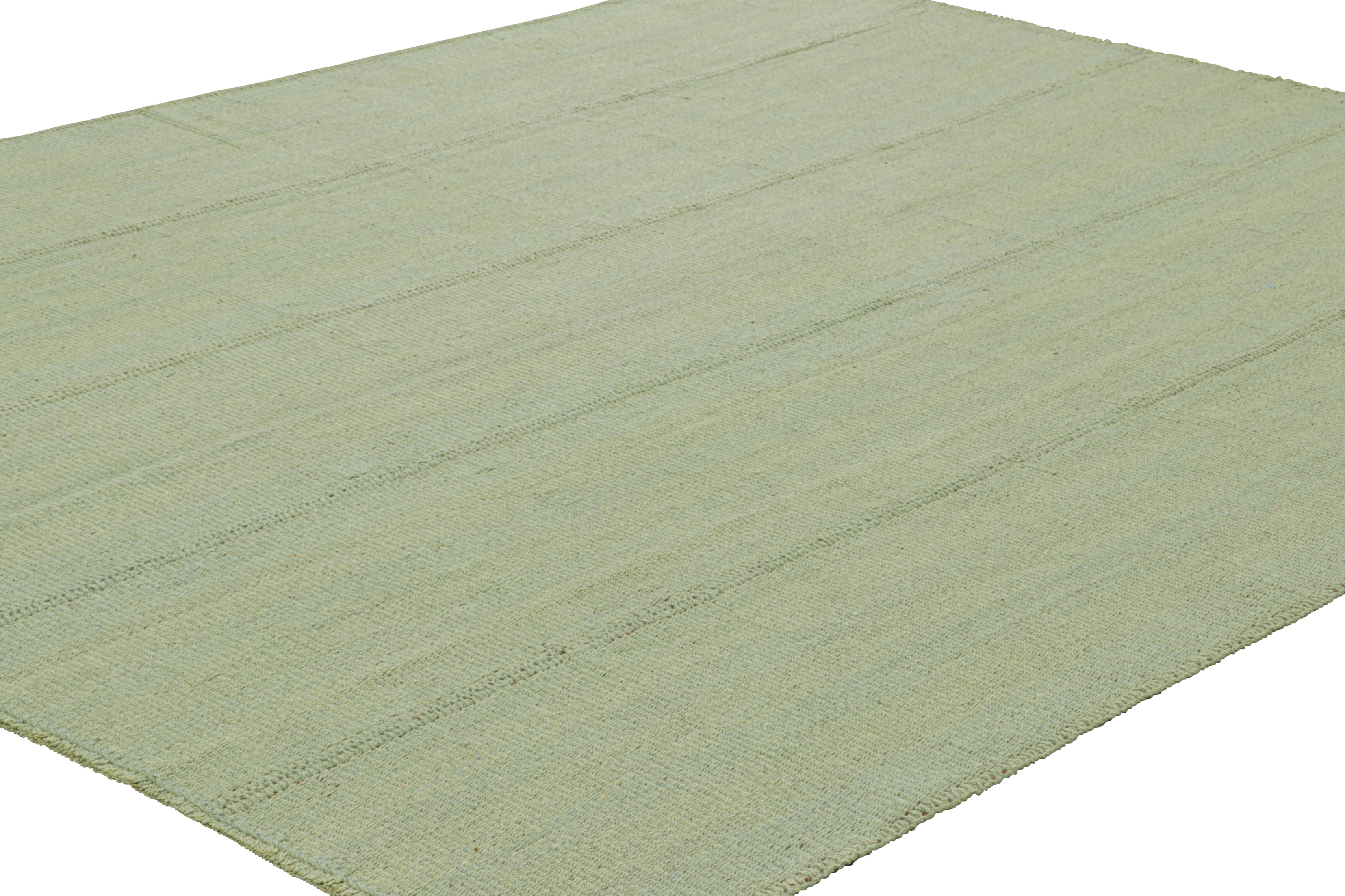 Afghan Rug & Kilim’s Contemporary Kilim in Seafoam Green and Blue Textural Stripes For Sale
