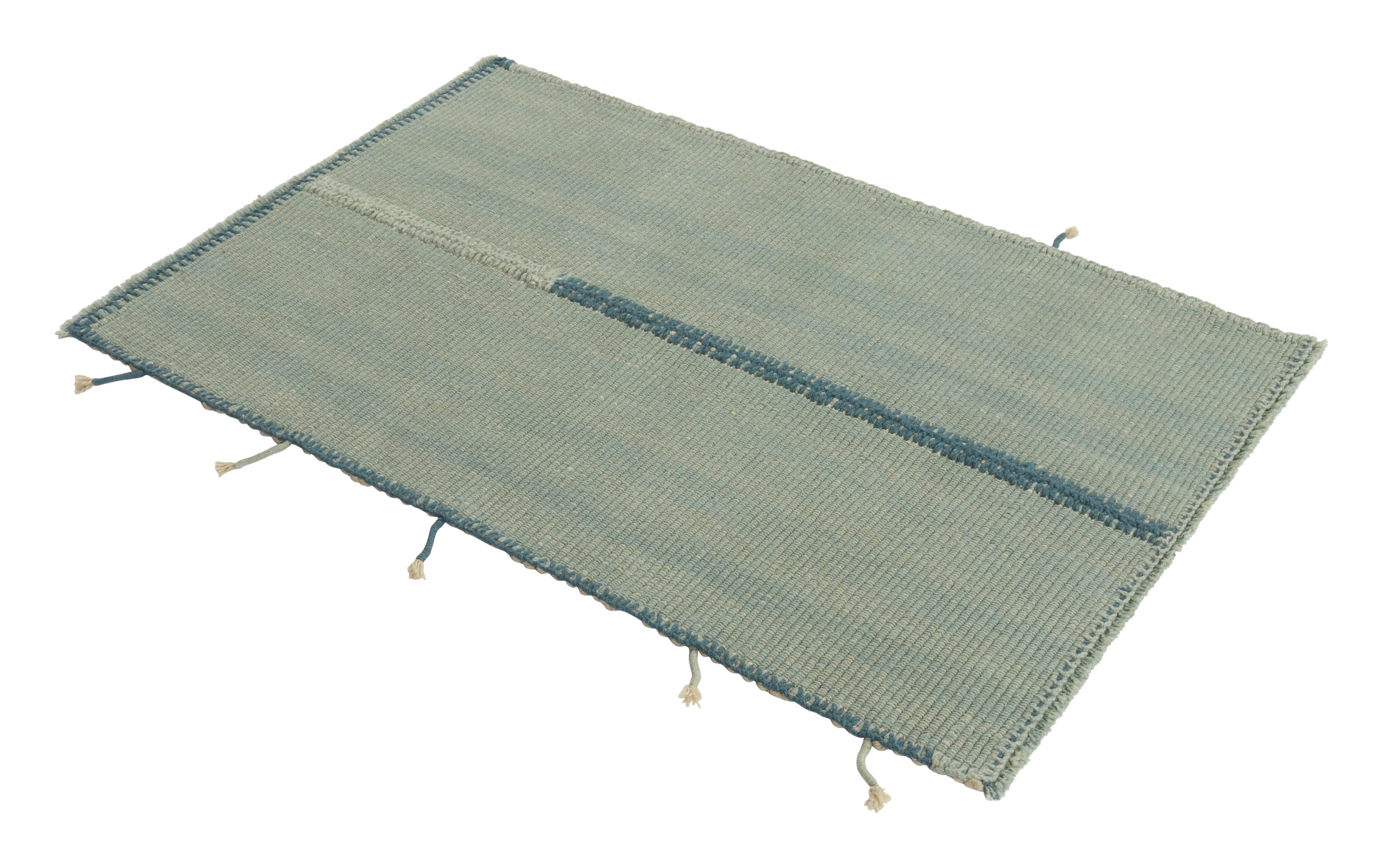 Handwoven in wool, a gift-sized 3x4 Kilim from an innovative new contemporary flat weave collection by Rug & Kilim.
On the Design:
The “Rez Kilim” connotes a modern take on classic panel weaving—this edition enjoying seafoam with blue and