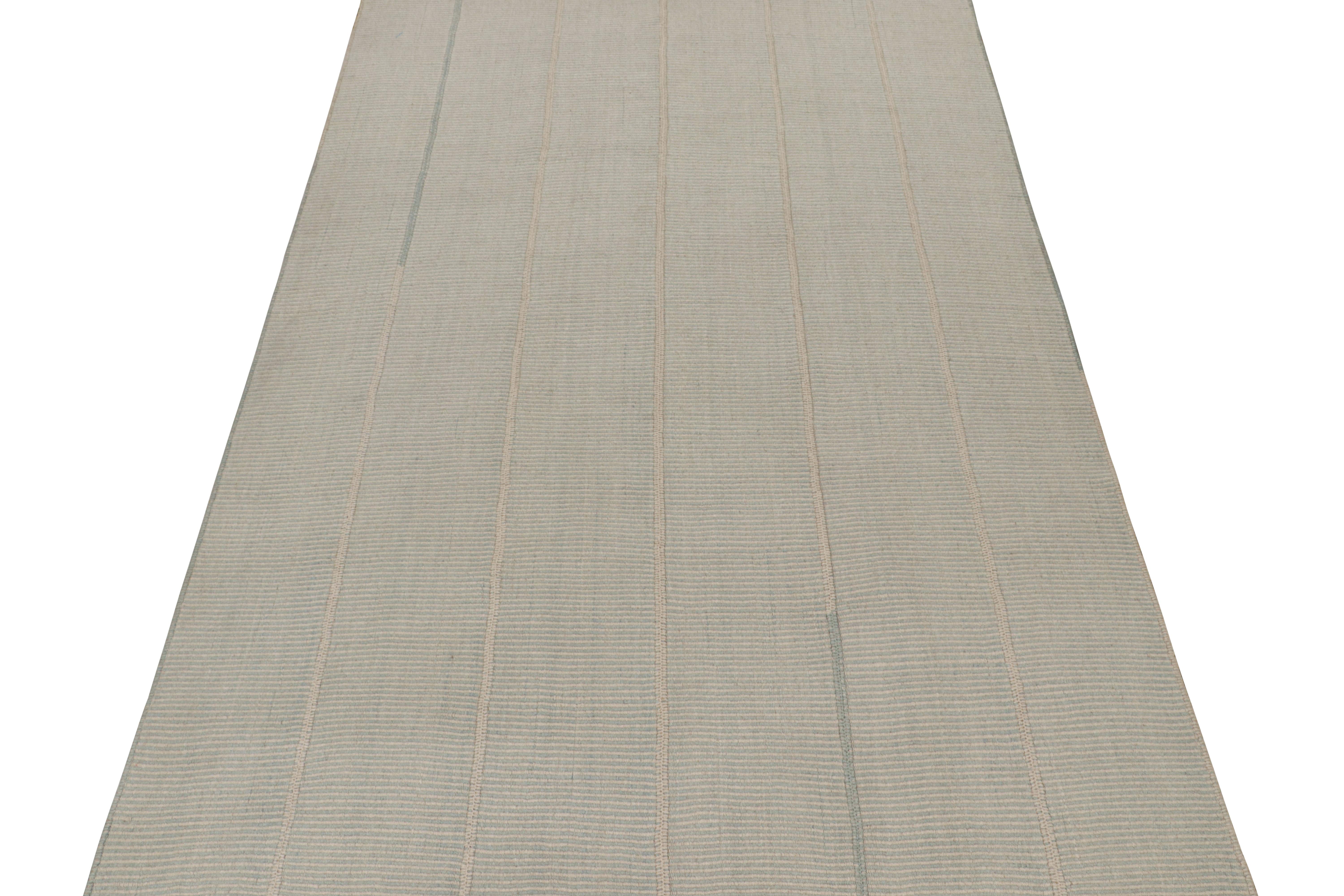 Hand-Woven Rug & Kilim’s Contemporary Kilim in Sky Blue and Off-White Stripes For Sale