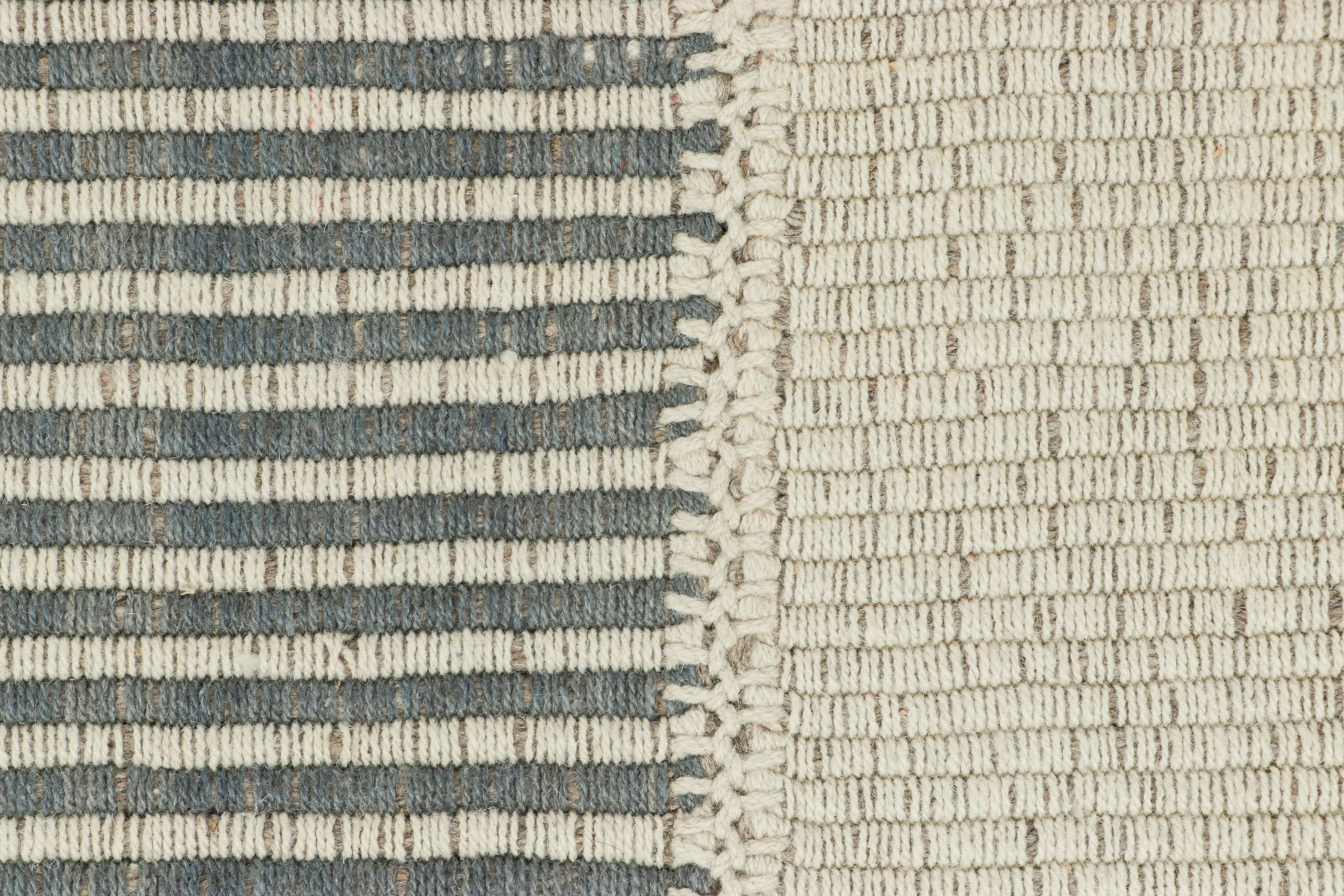 Afghan Rug & Kilim’s Contemporary Kilim in Slate Gray, White and Beige Textural Stripes For Sale