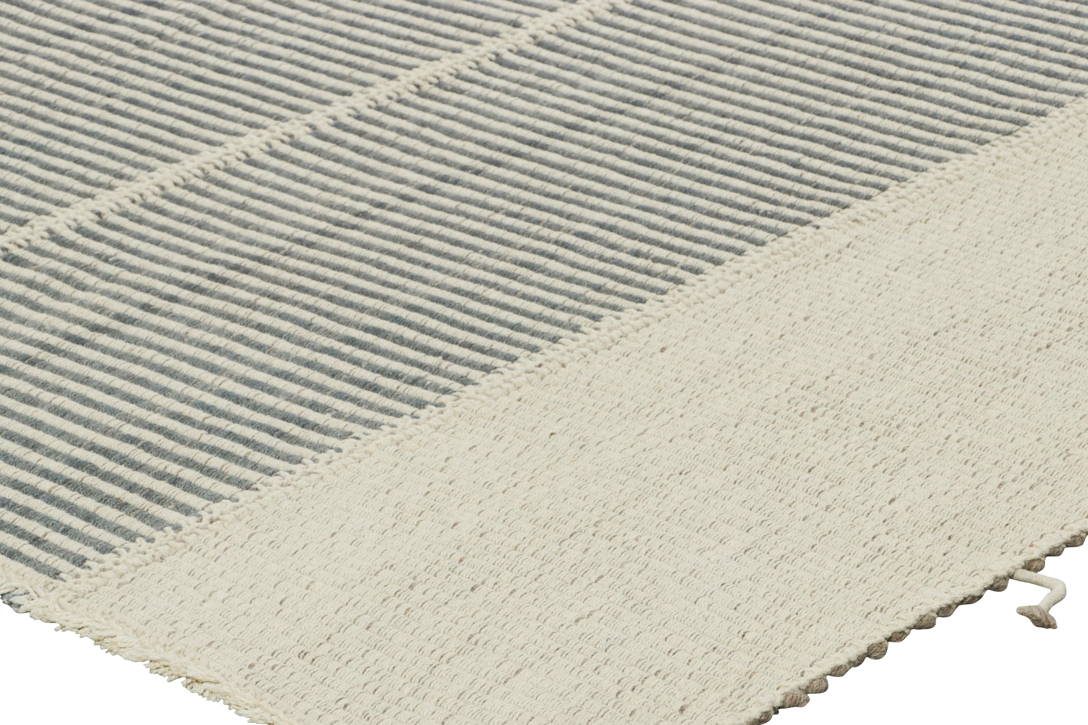 Wool Rug & Kilim’s Contemporary Kilim in Slate Gray, White and Beige Textural Stripes For Sale