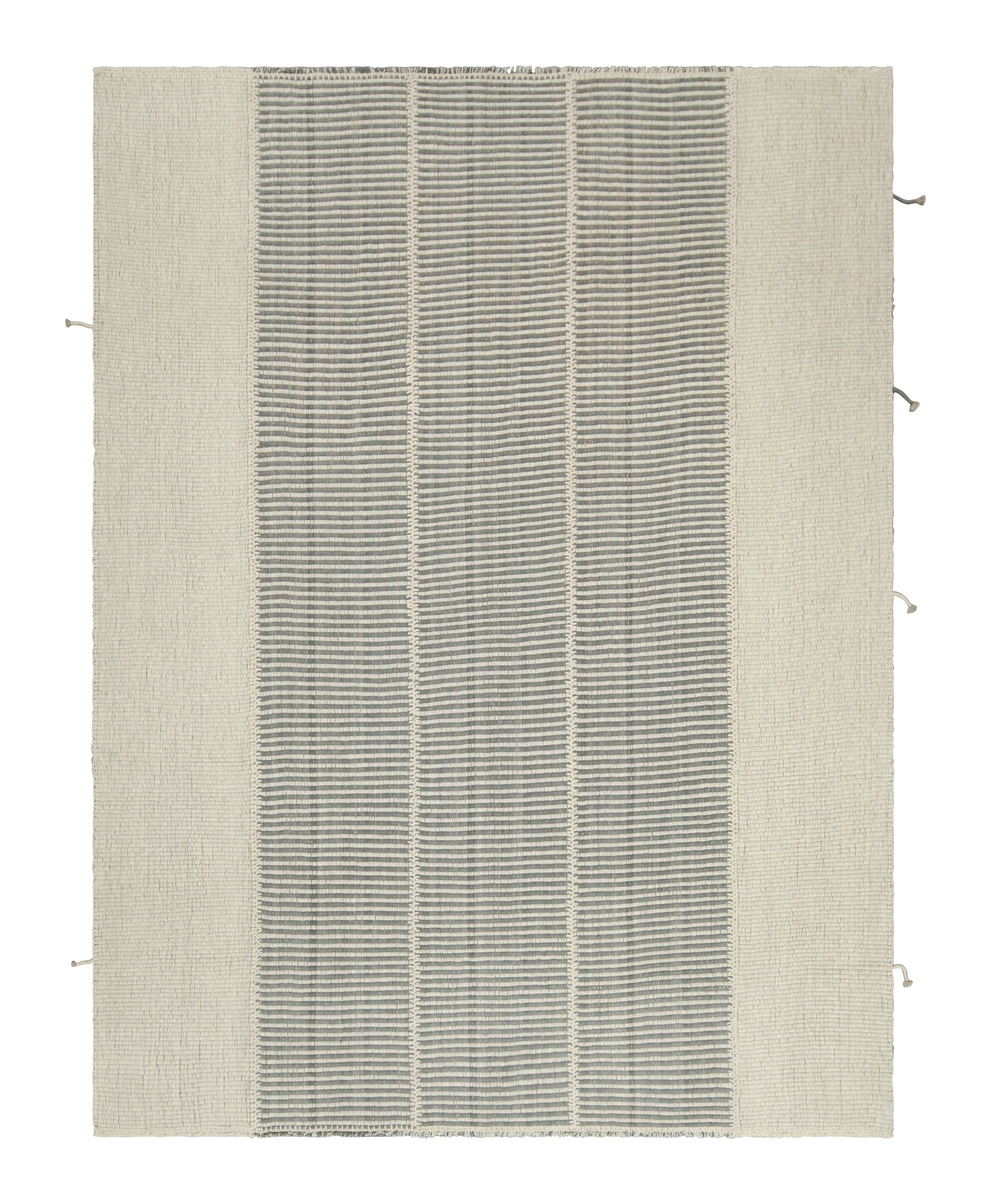 Rug & Kilim’s Contemporary Kilim in Slate Gray, White and Beige Textural Stripes