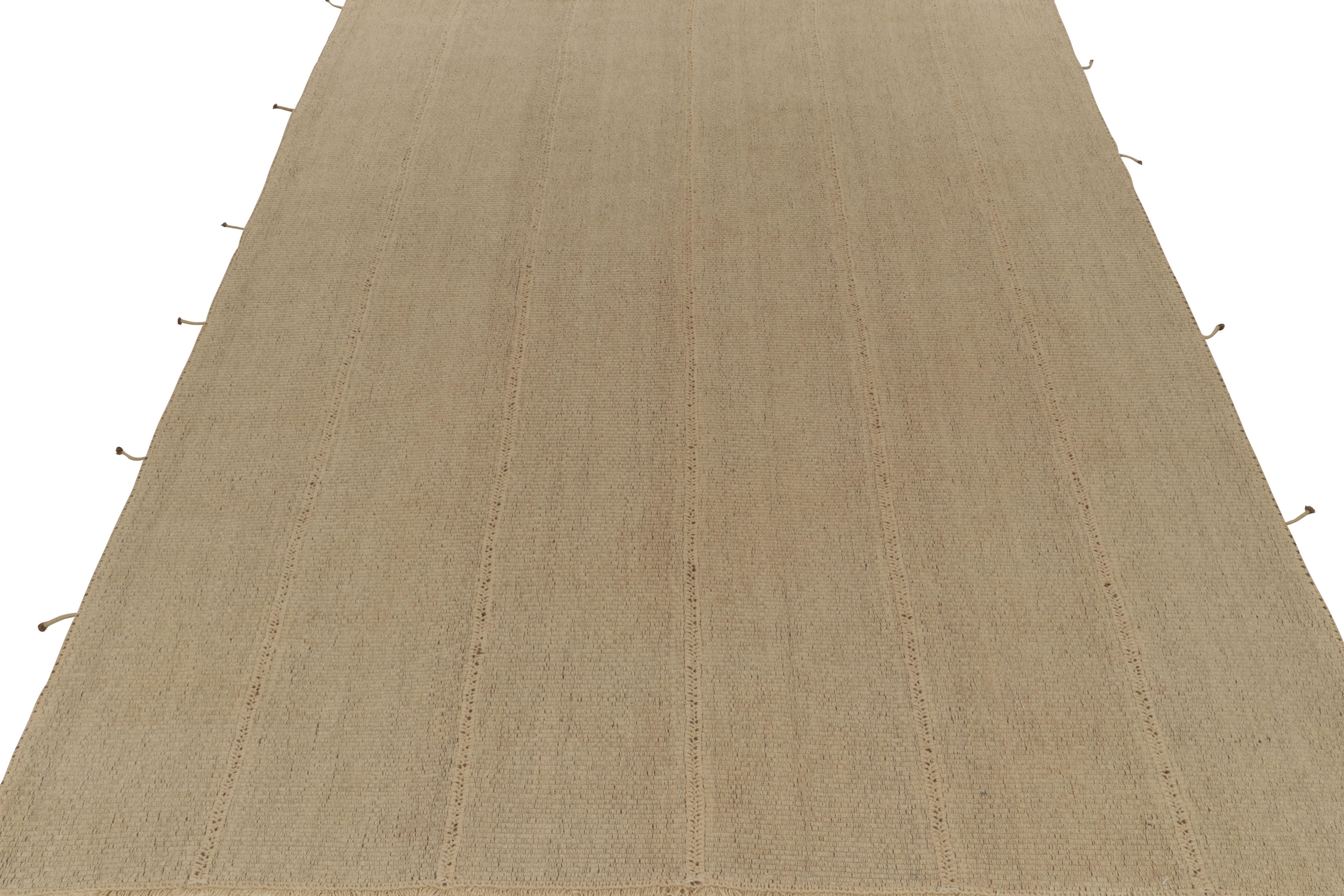 Afghan Rug & Kilim’s Contemporary Kilim in Solid, Sandy Beige-Brown Panel Woven Style For Sale