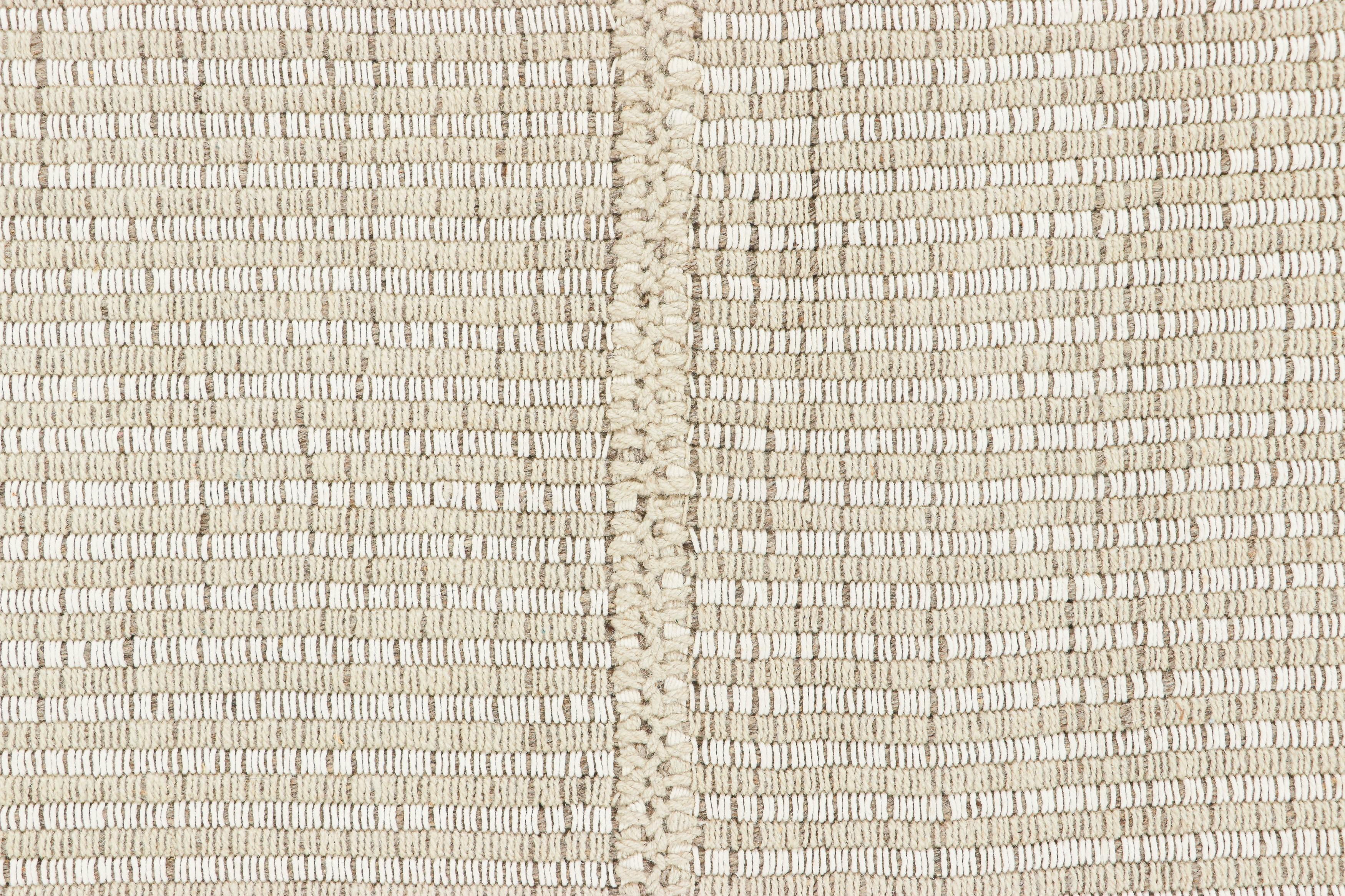 Afghan Rug & Kilim’s Contemporary Kilim in Textural Beige-Brown and Cream White Stripes For Sale