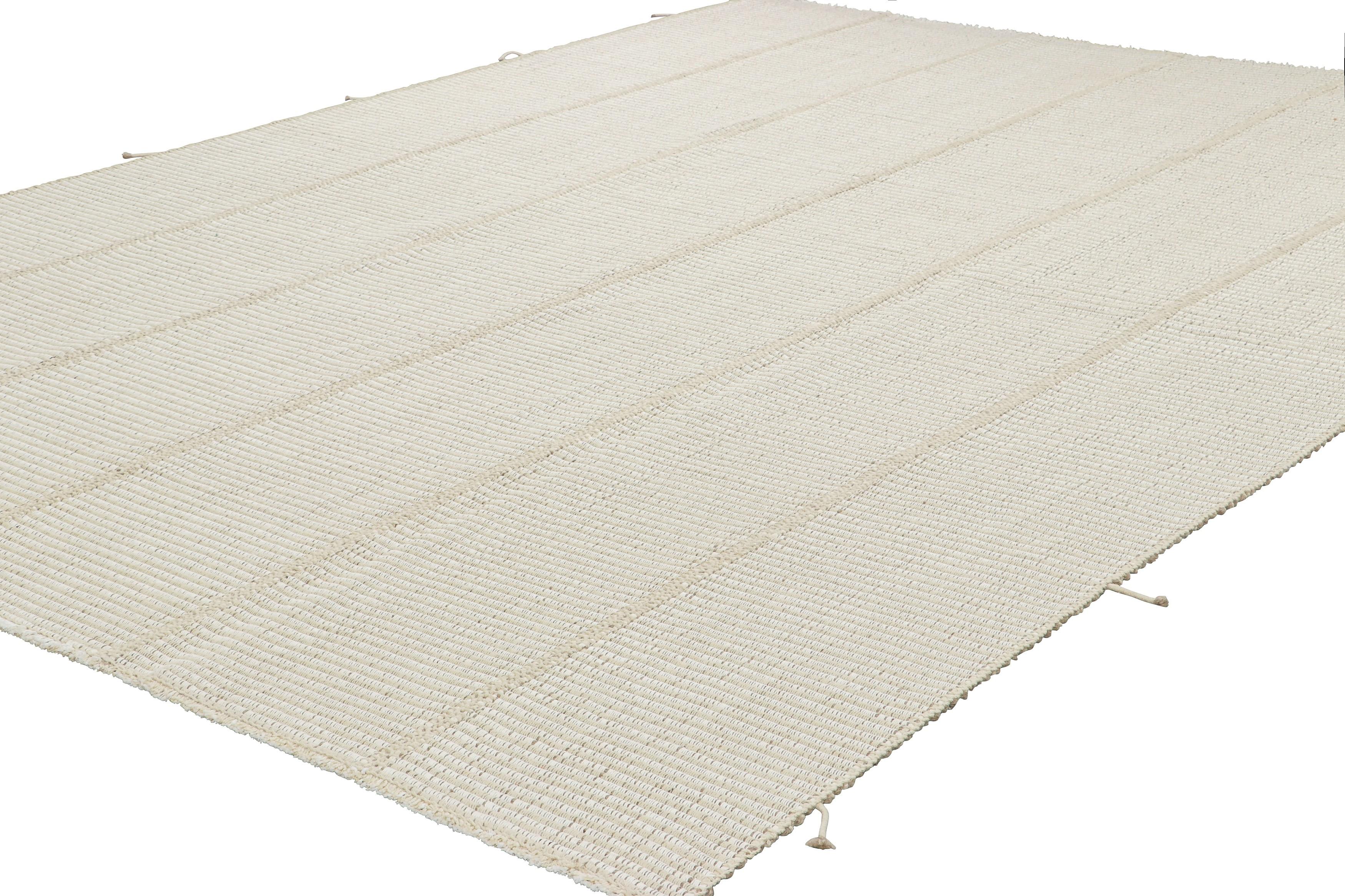 Hand-Woven Rug & Kilim’s Contemporary Kilim in Textural Beige-Brown and Cream White Stripes For Sale