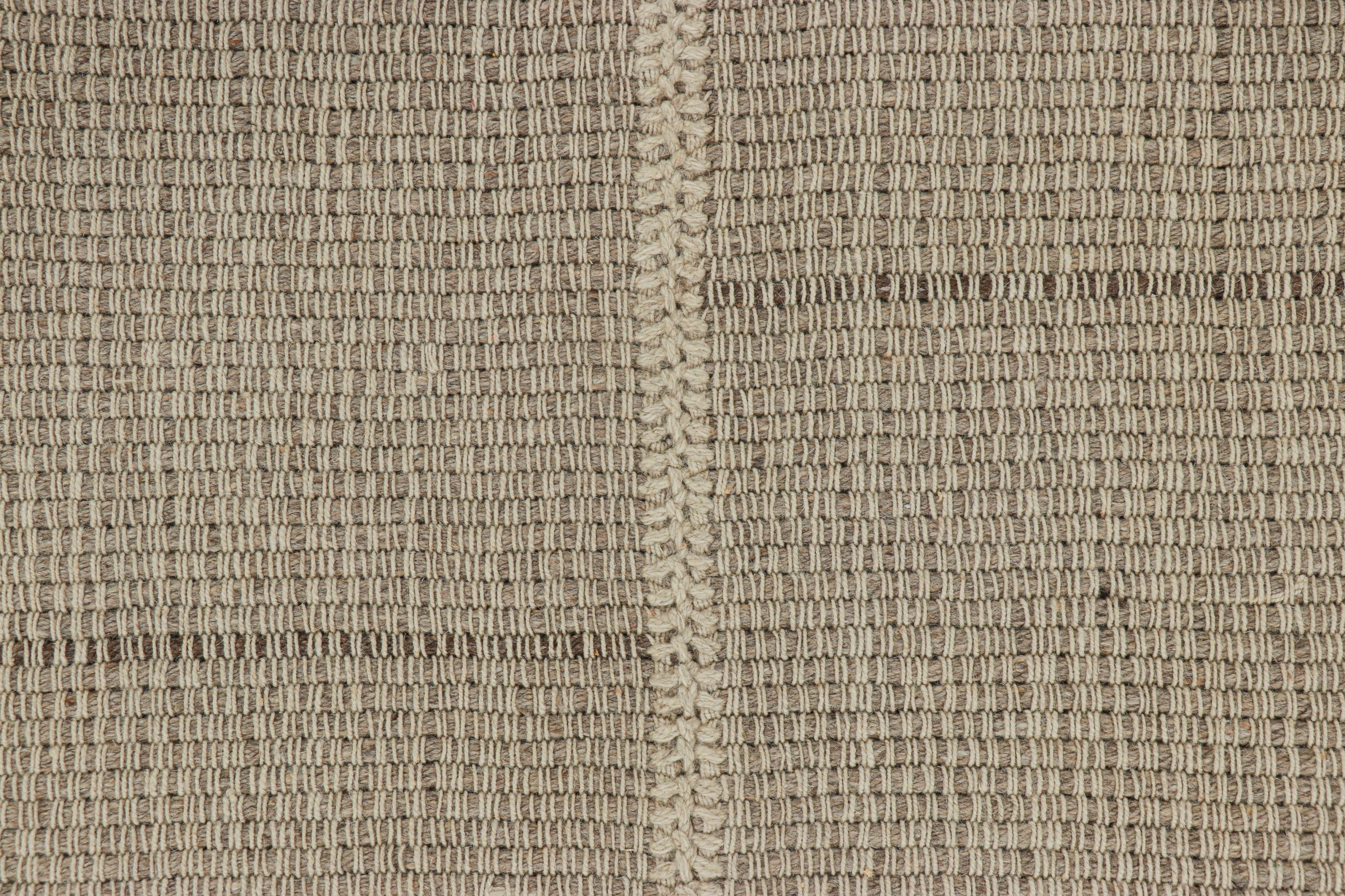Afghan Rug & Kilim’s Contemporary Kilim in Textural Beige-Brown Stripes, Cream Accents For Sale