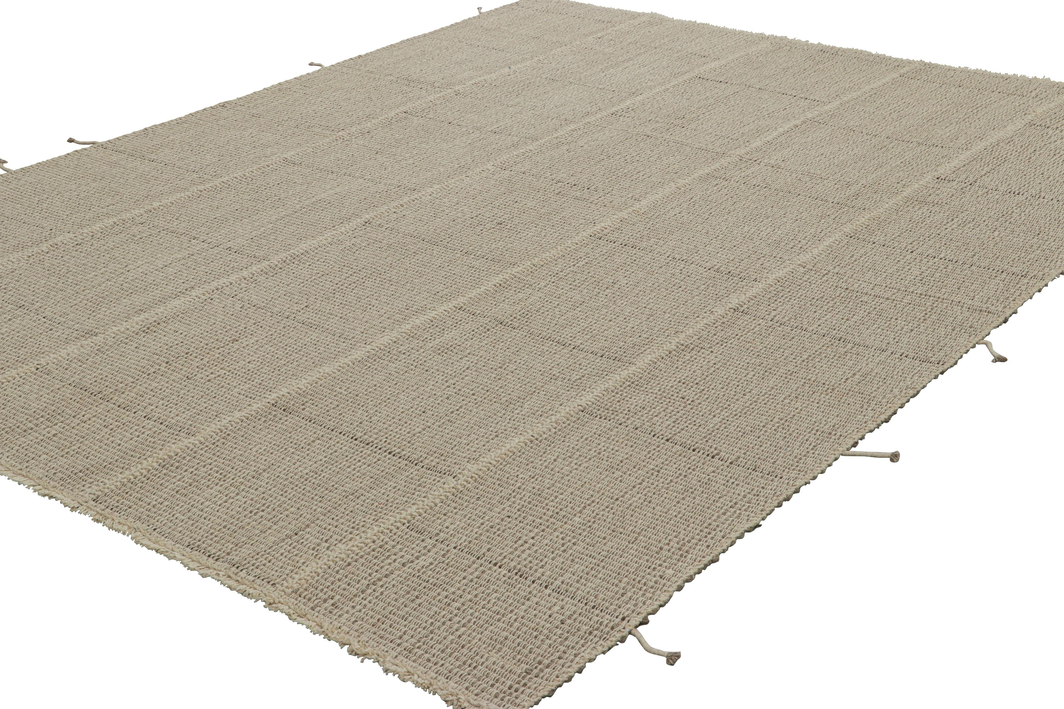 Hand-Woven Rug & Kilim’s Contemporary Kilim in Textural Beige-Brown Stripes, Cream Accents For Sale