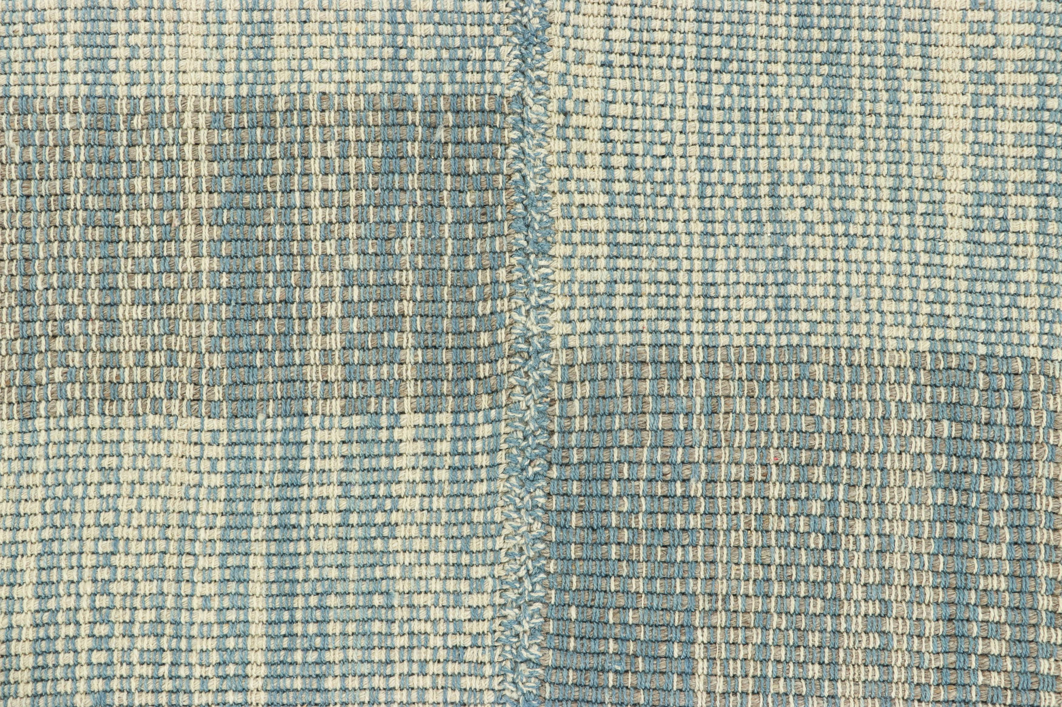 Afghan Rug & Kilim’s Contemporary Kilim in Textural Blue and Cream White Stripes For Sale