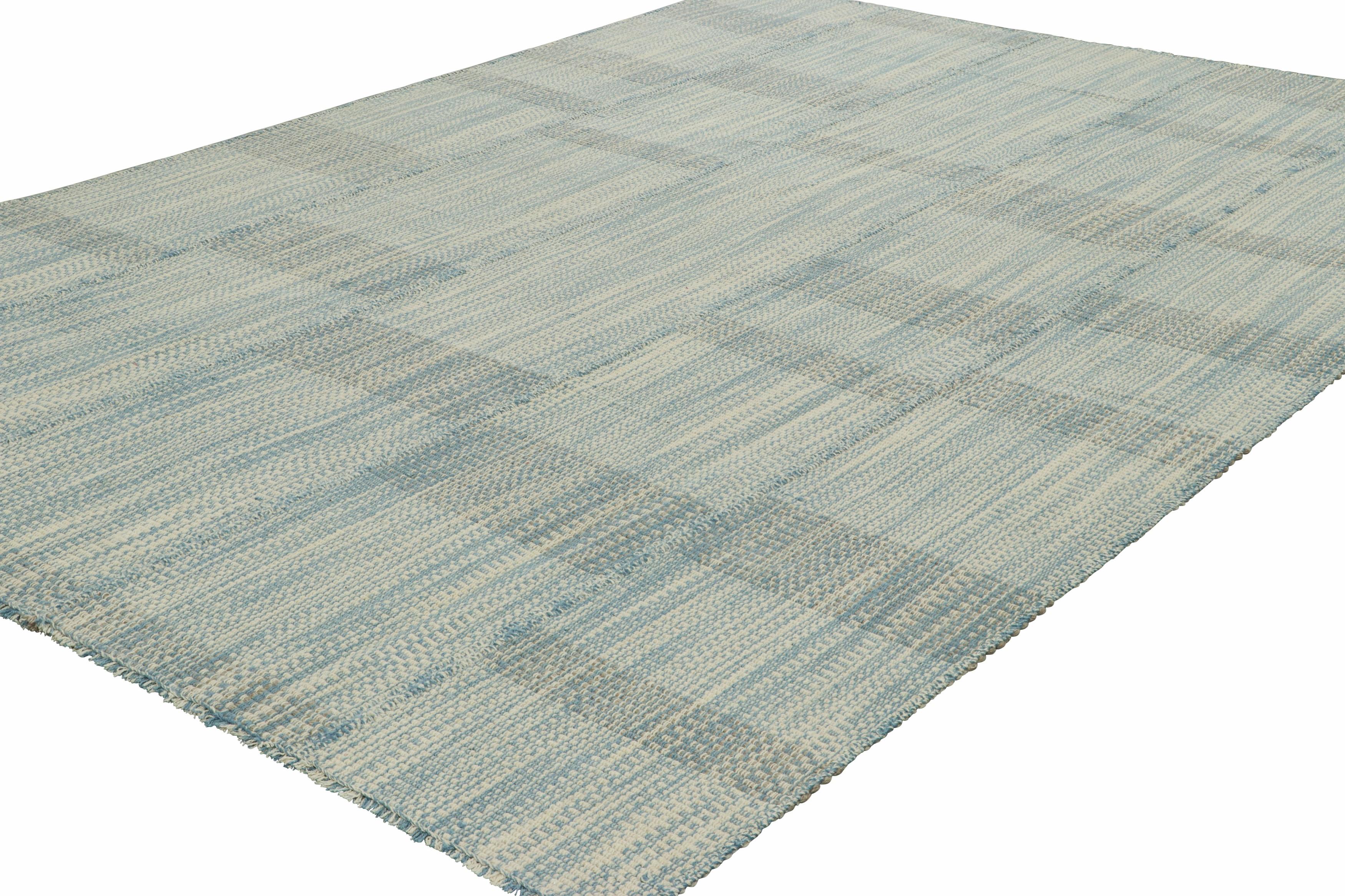 Hand-Woven Rug & Kilim’s Contemporary Kilim in Textural Blue and Cream White Stripes For Sale
