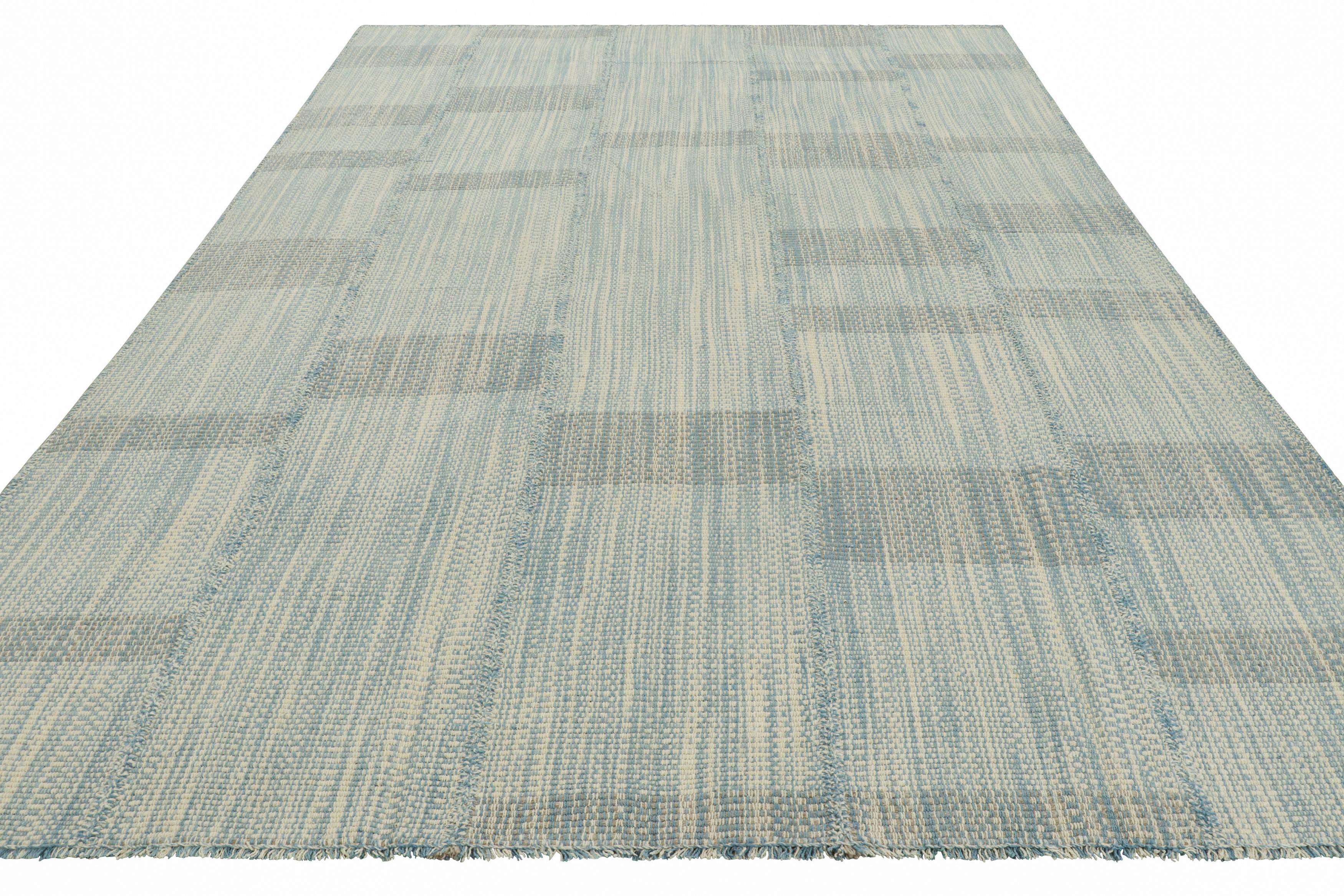 Rug & Kilim’s Contemporary Kilim in Textural Blue and Cream White Stripes In New Condition For Sale In Long Island City, NY