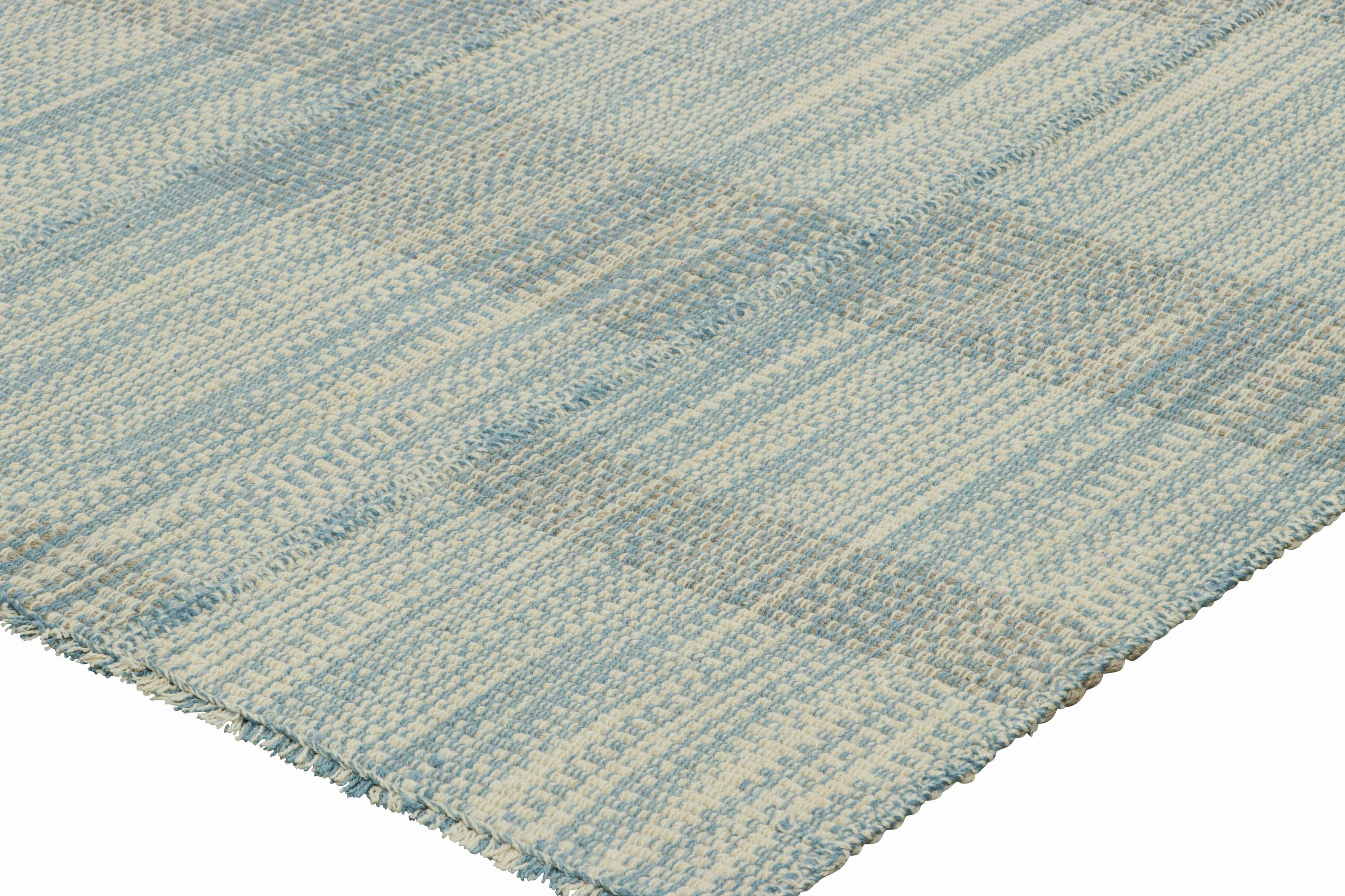 Wool Rug & Kilim’s Contemporary Kilim in Textural Blue and Cream White Stripes For Sale