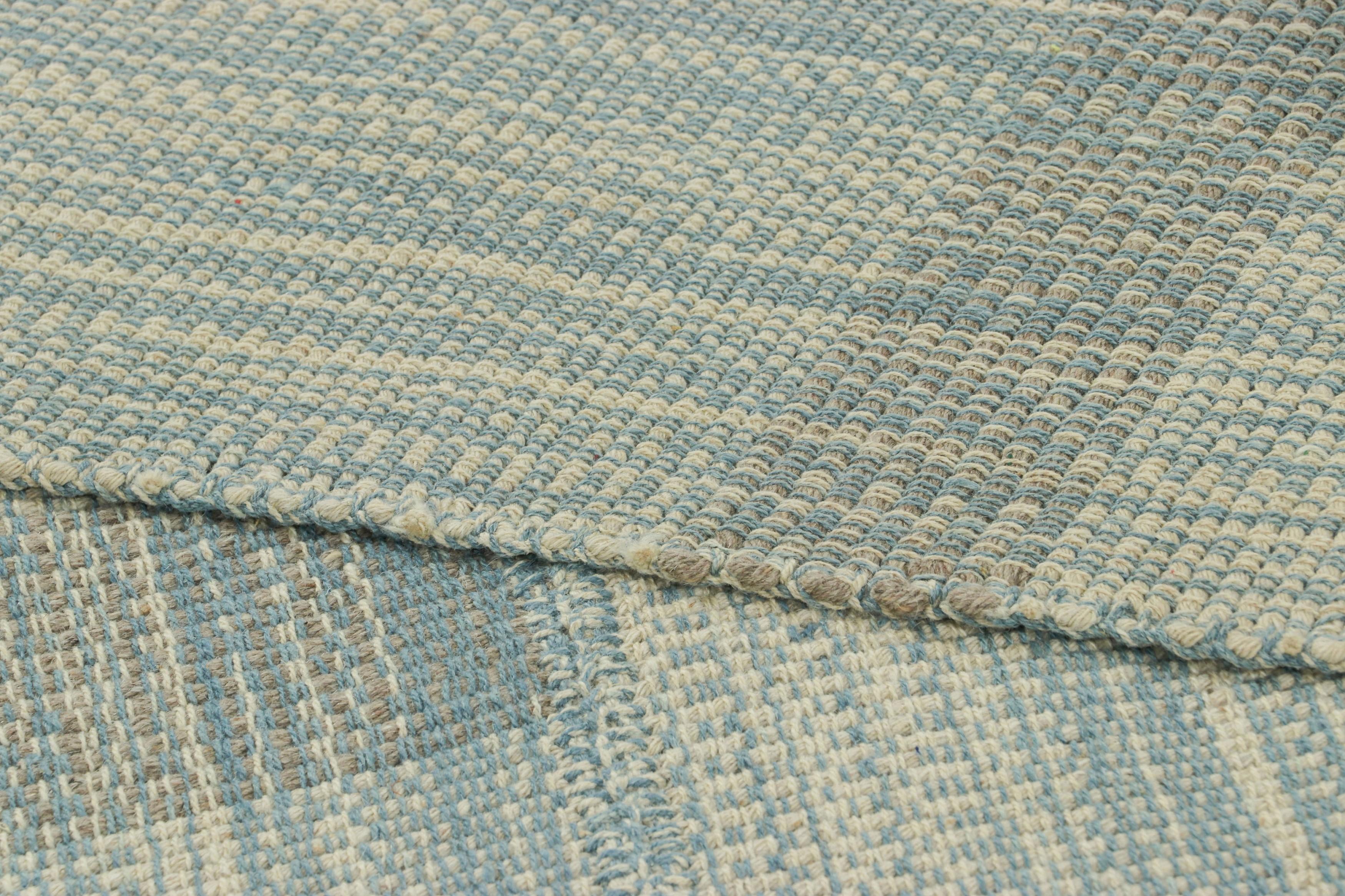 Rug & Kilim’s Contemporary Kilim in Textural Blue and Cream White Stripes For Sale 1