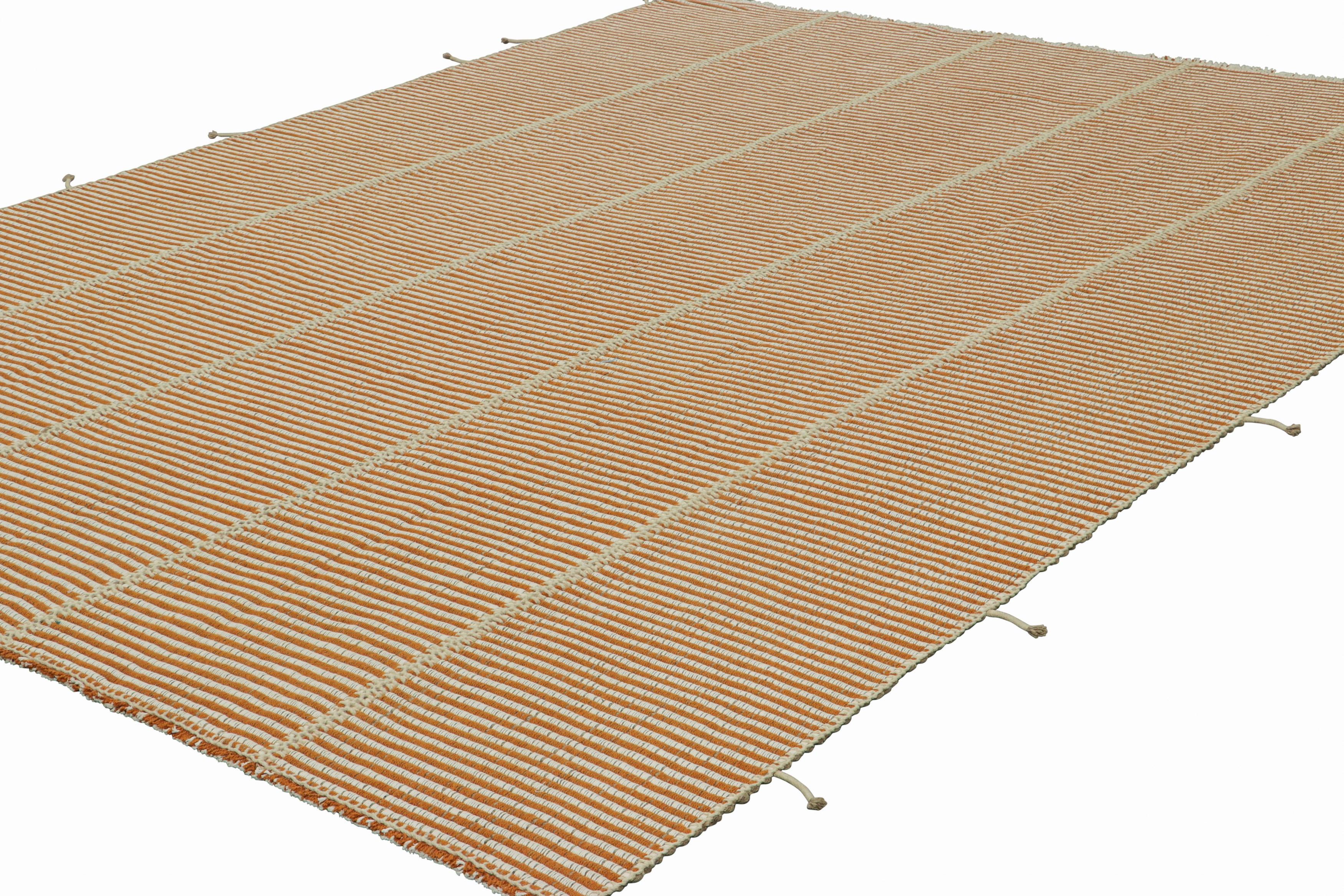 Hand-Woven Rug & Kilim’s Contemporary Kilim in Textural Orange and White Stripes For Sale