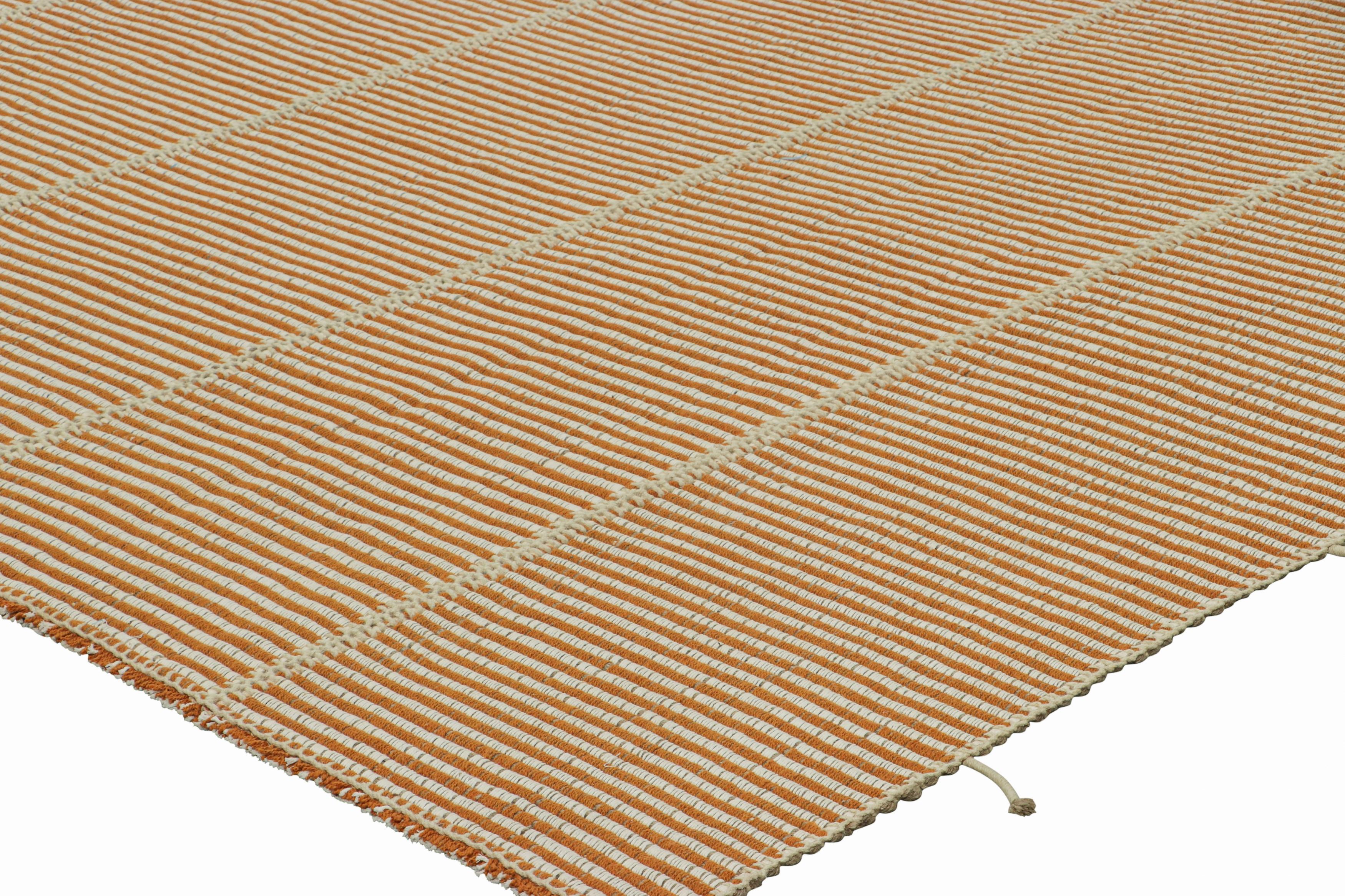 Wool Rug & Kilim’s Contemporary Kilim in Textural Orange and White Stripes For Sale