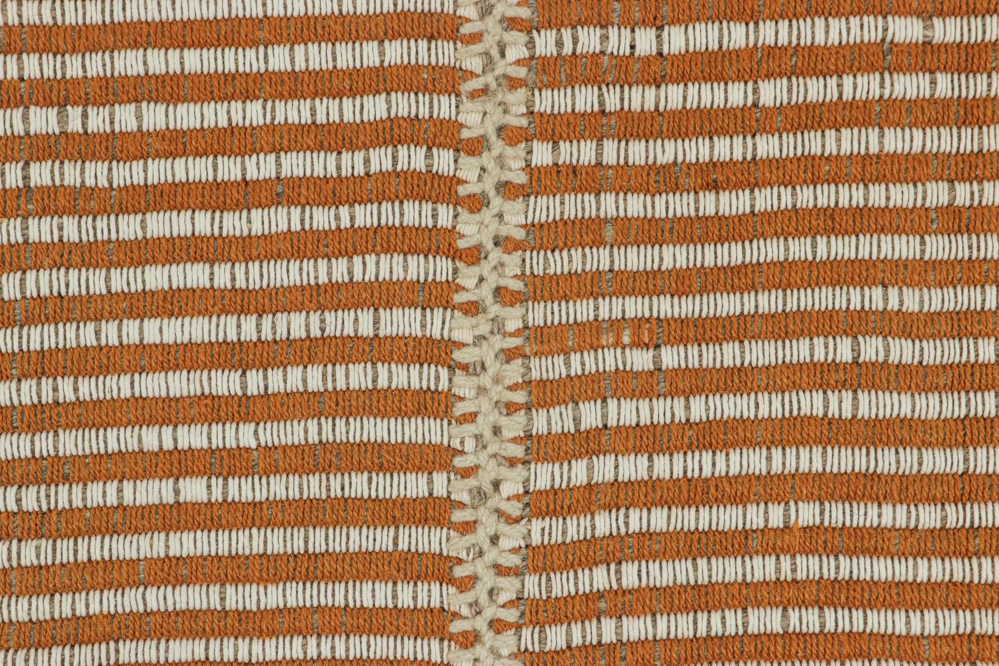 Afghan Rug & Kilim’s Contemporary Kilim in Textural Orange and White Stripes For Sale