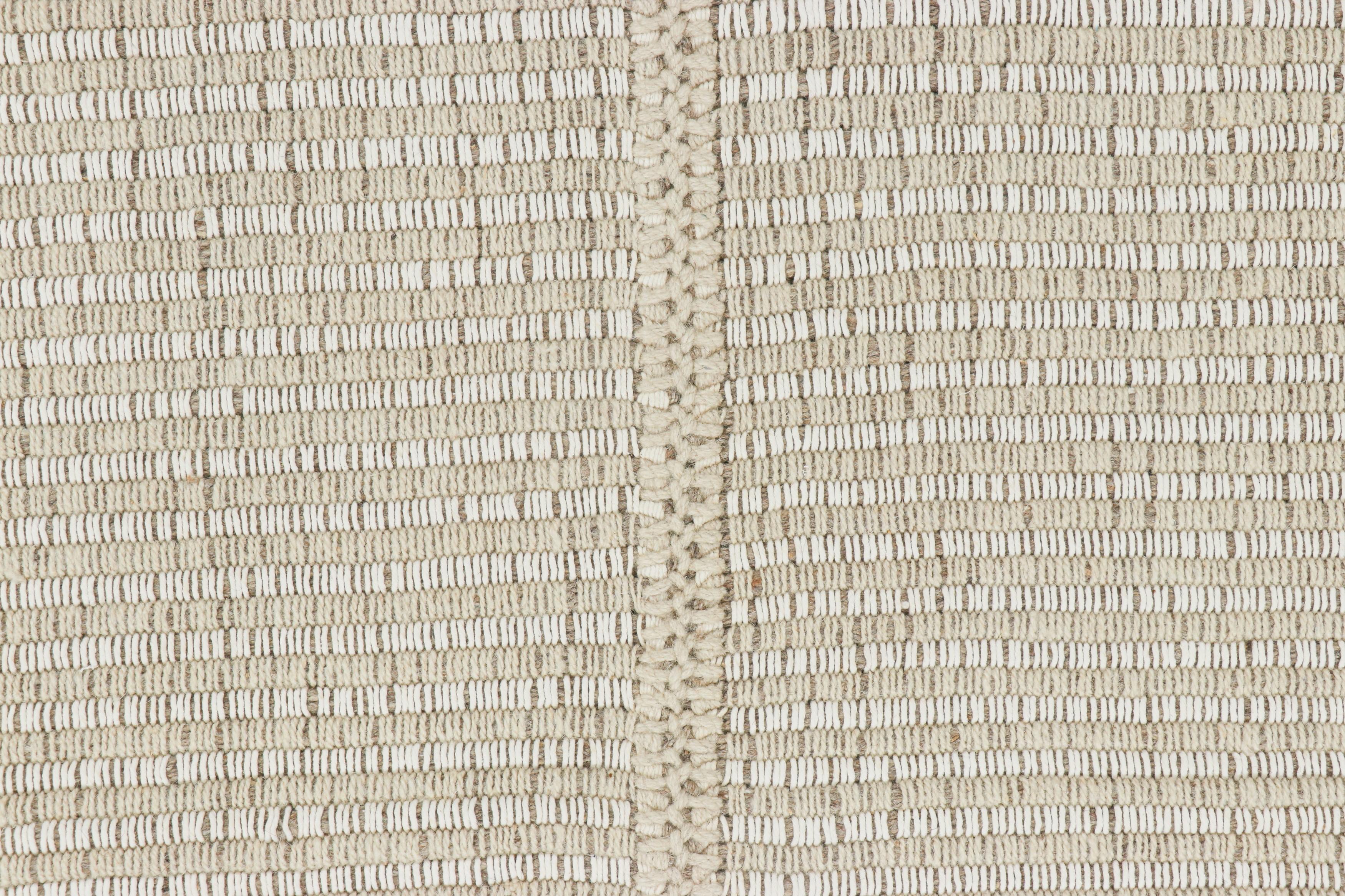 Afghan Rug & Kilim’s Contemporary Kilim in Textural White Stripes, Beige-Brown Accents For Sale