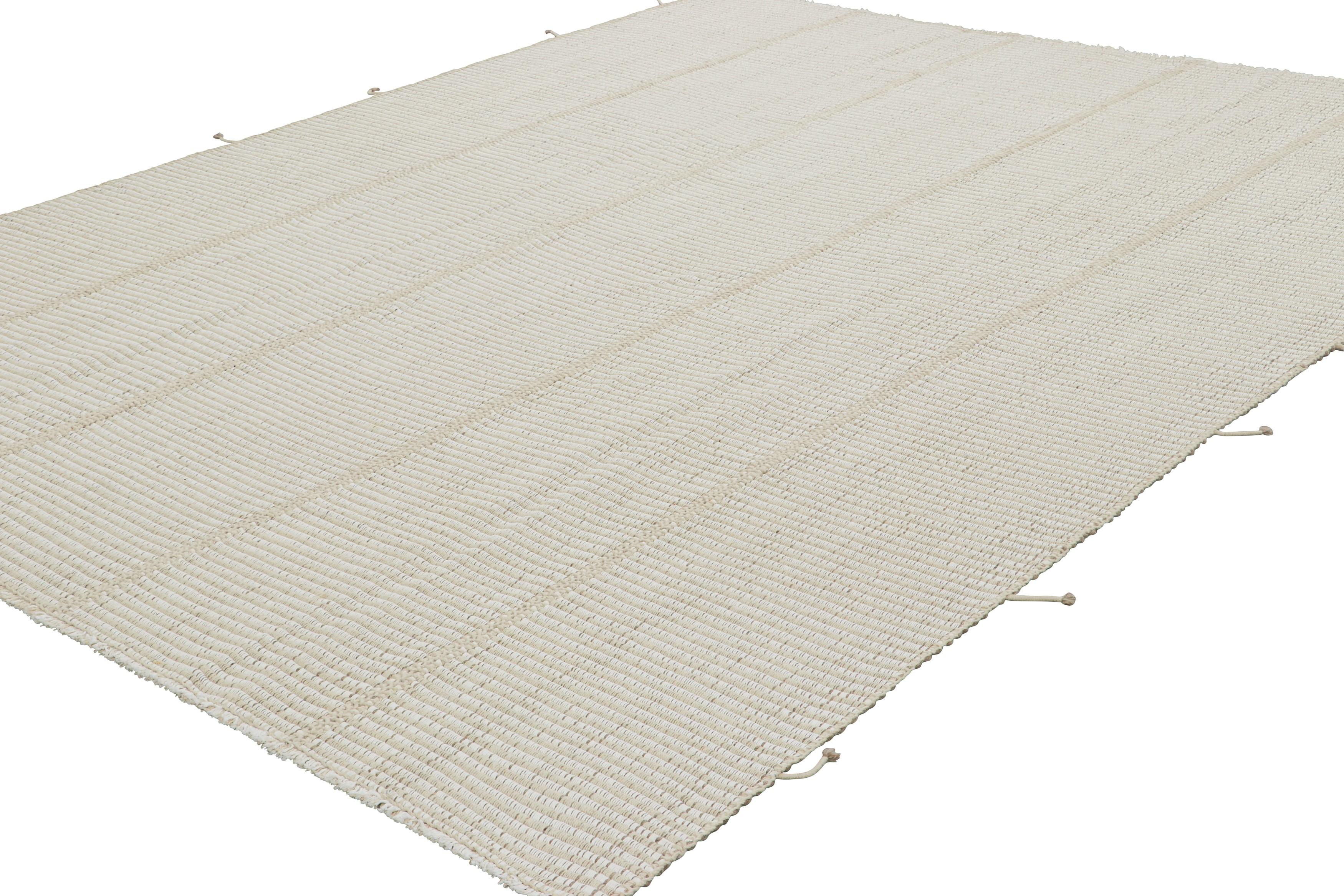 Hand-Woven Rug & Kilim’s Contemporary Kilim in Textural White Stripes, Beige-Brown Accents For Sale