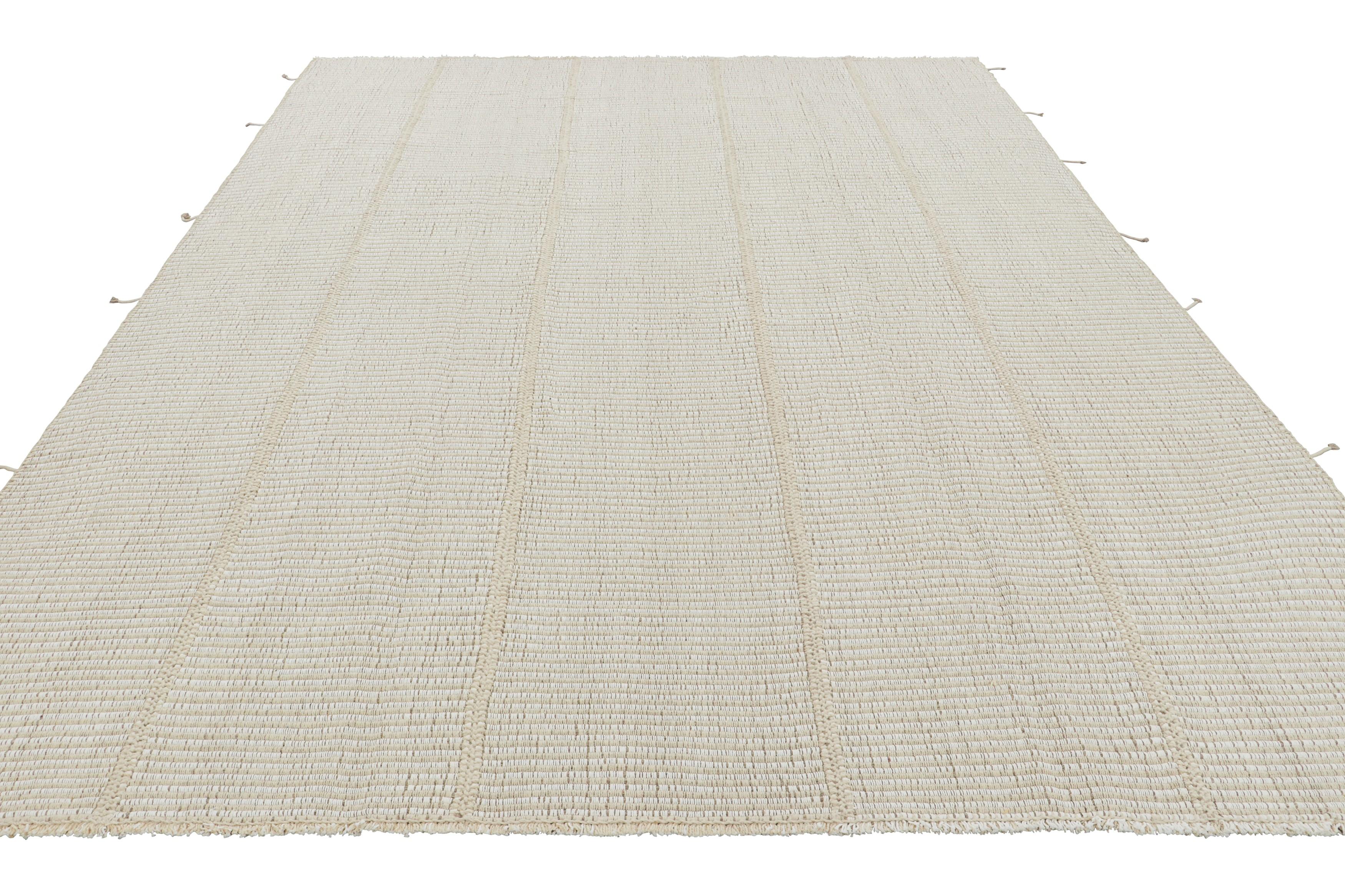 Rug & Kilim’s Contemporary Kilim in Textural White Stripes, Beige-Brown Accents In New Condition For Sale In Long Island City, NY