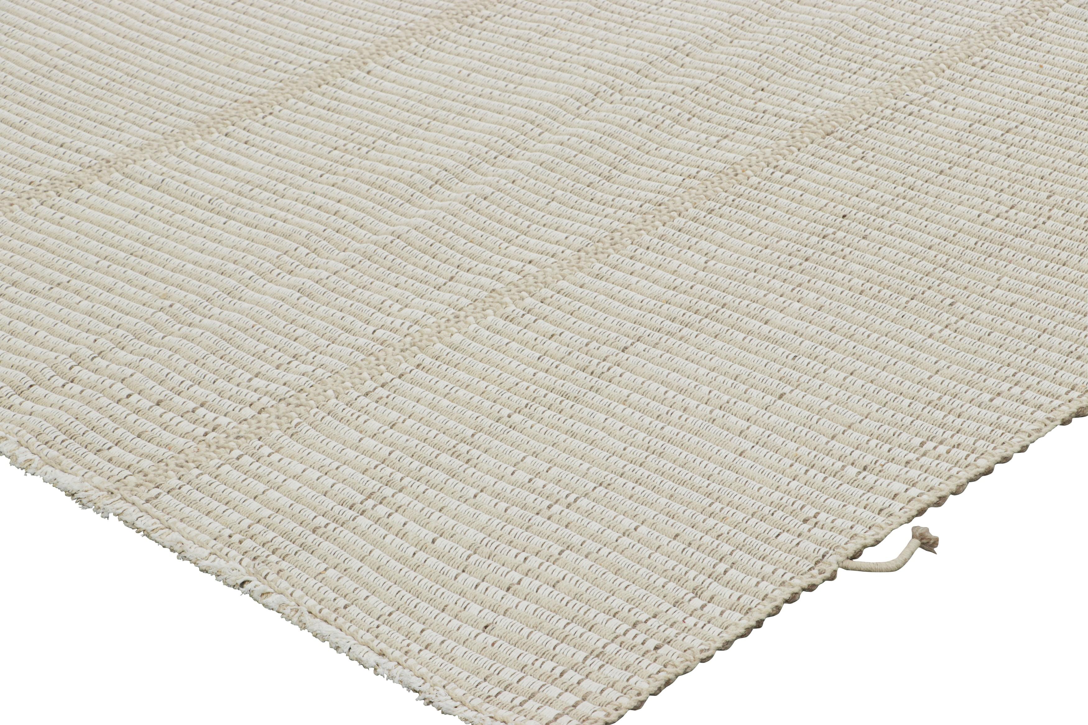 Wool Rug & Kilim’s Contemporary Kilim in Textural White Stripes, Beige-Brown Accents For Sale