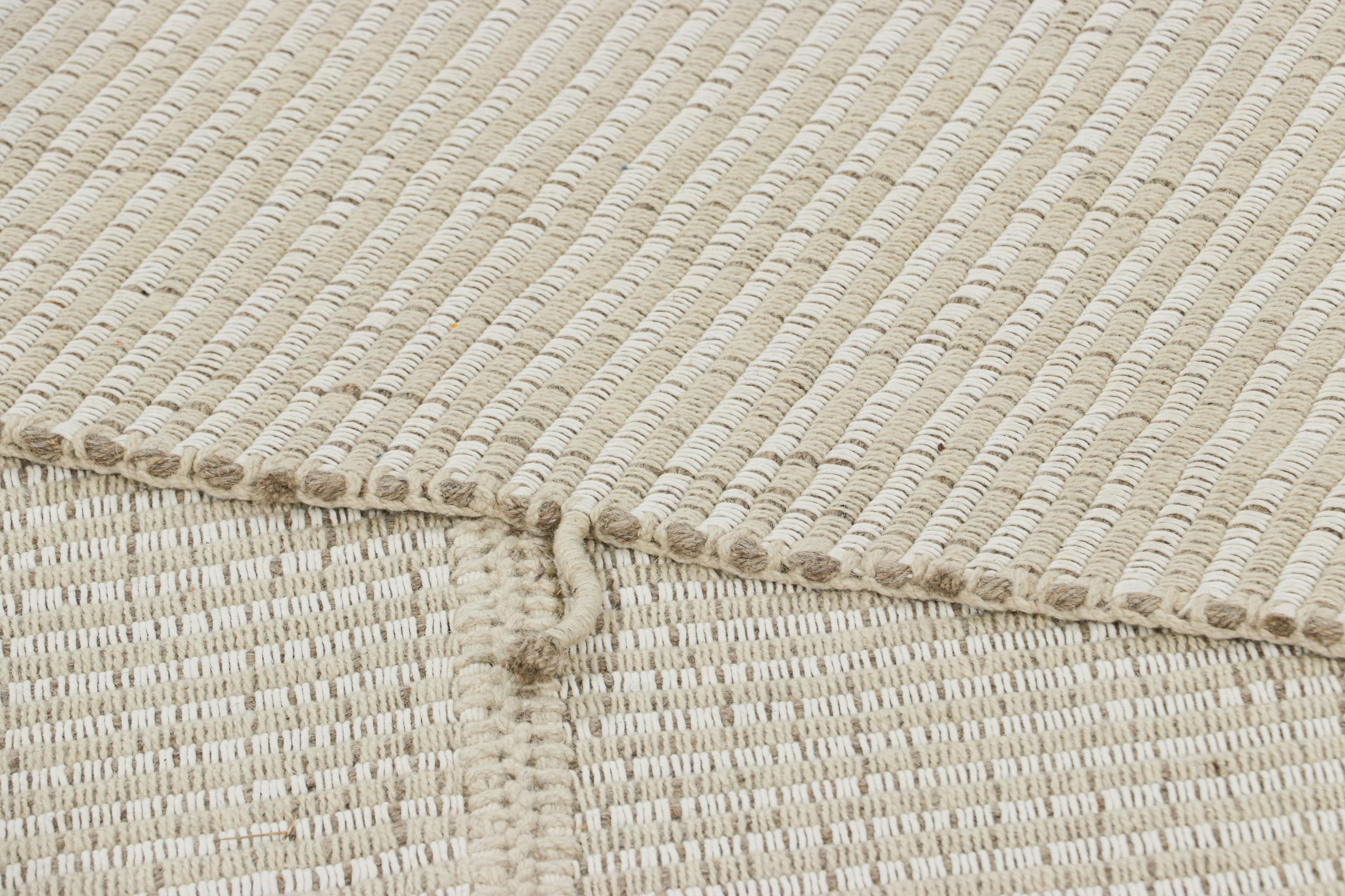 Rug & Kilim’s Contemporary Kilim in Textural White Stripes, Beige-Brown Accents For Sale 1
