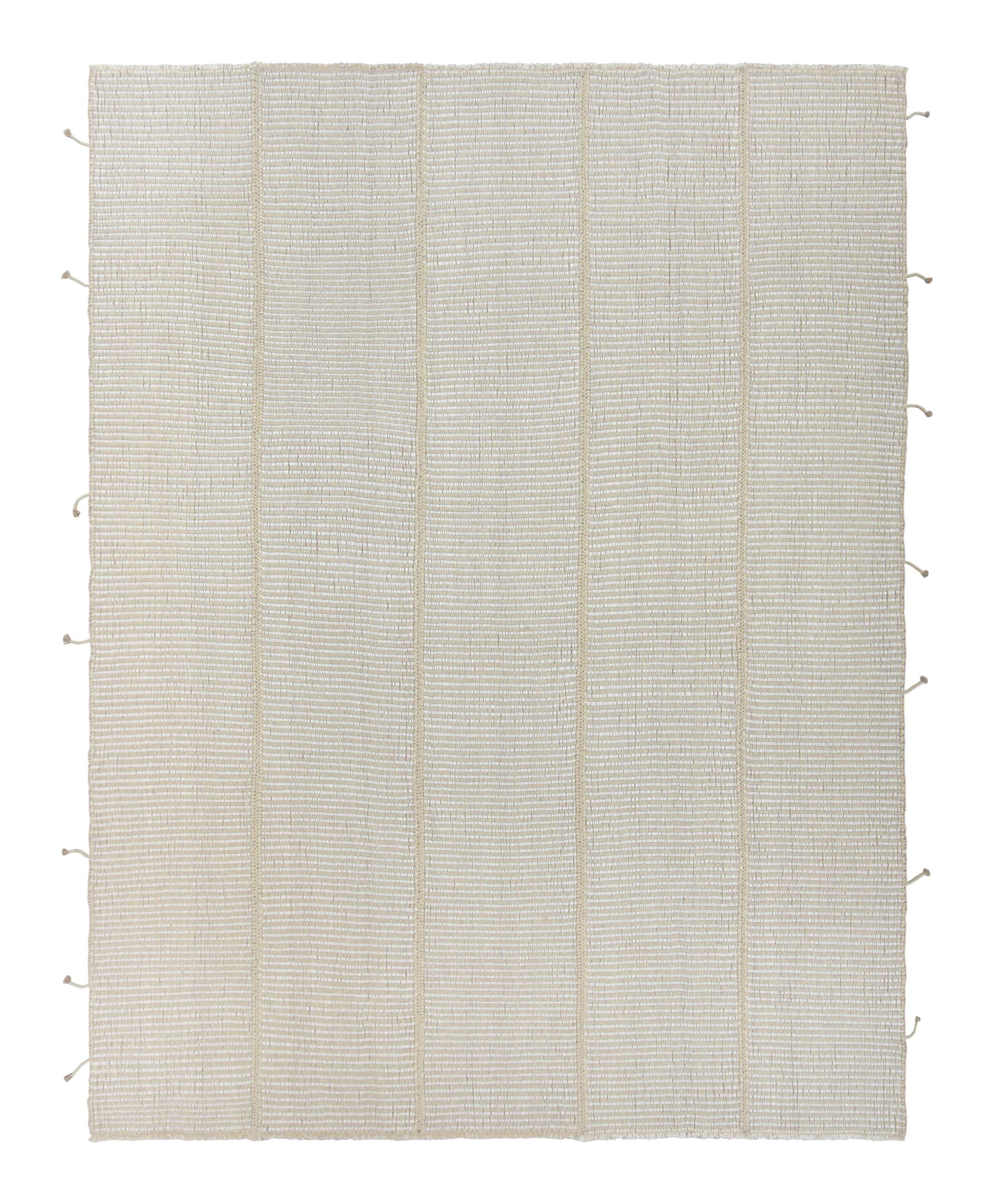 Rug & Kilim’s Contemporary Kilim in Textural White Stripes, Beige-Brown Accents For Sale