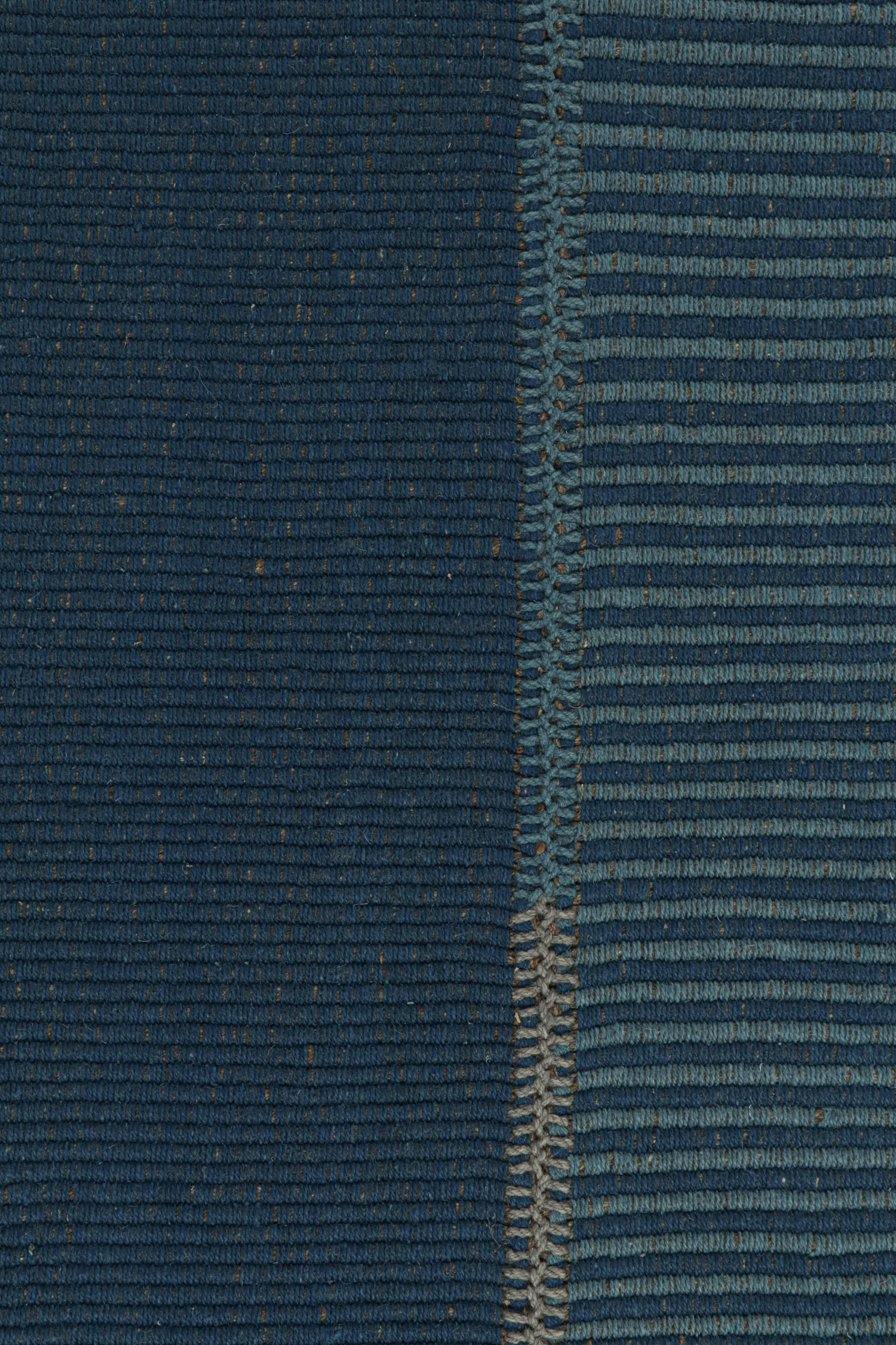 Modern Rug & Kilim’s Contemporary Kilim in Tones of Blue with Stripes and Brown Accents For Sale