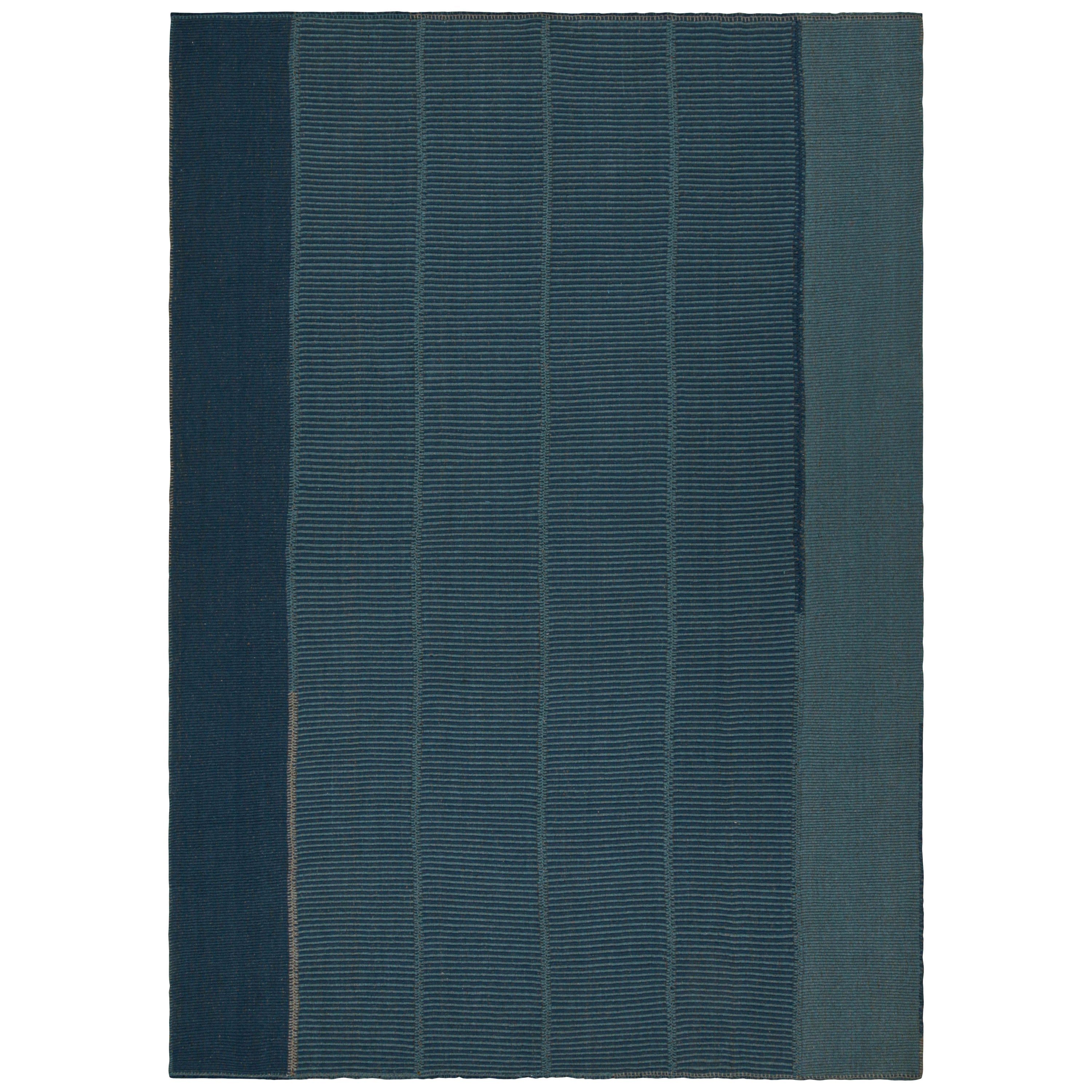 Rug & Kilim's Contemporary Kilim in Tones of Blue with Stripes and Brown Accents (Kilim contemporain dans des tons bleus avec des rayures et des accents bruns) en vente