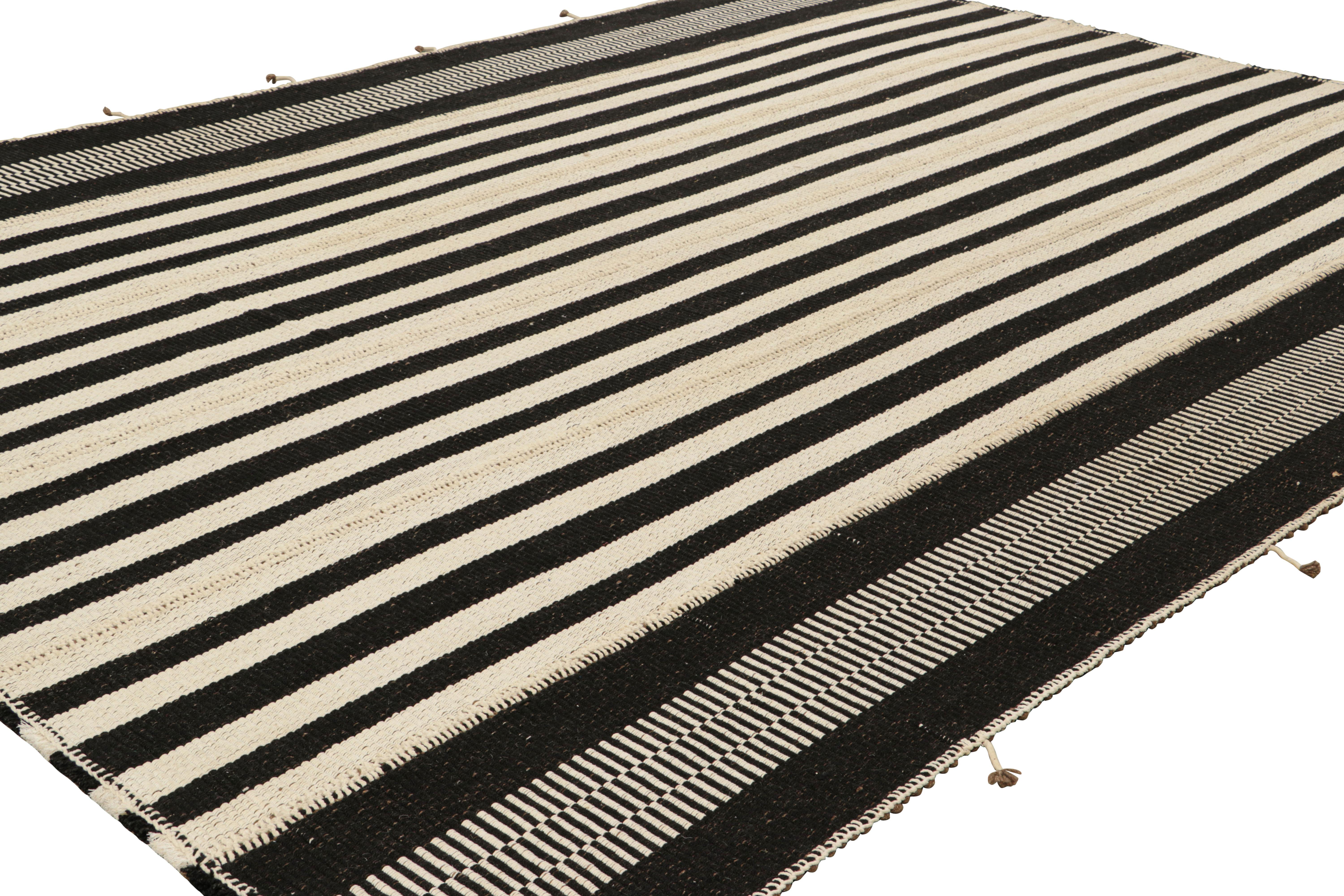 Afghan Rug & Kilim’s Contemporary Kilim in White and Black Textural Stripes For Sale