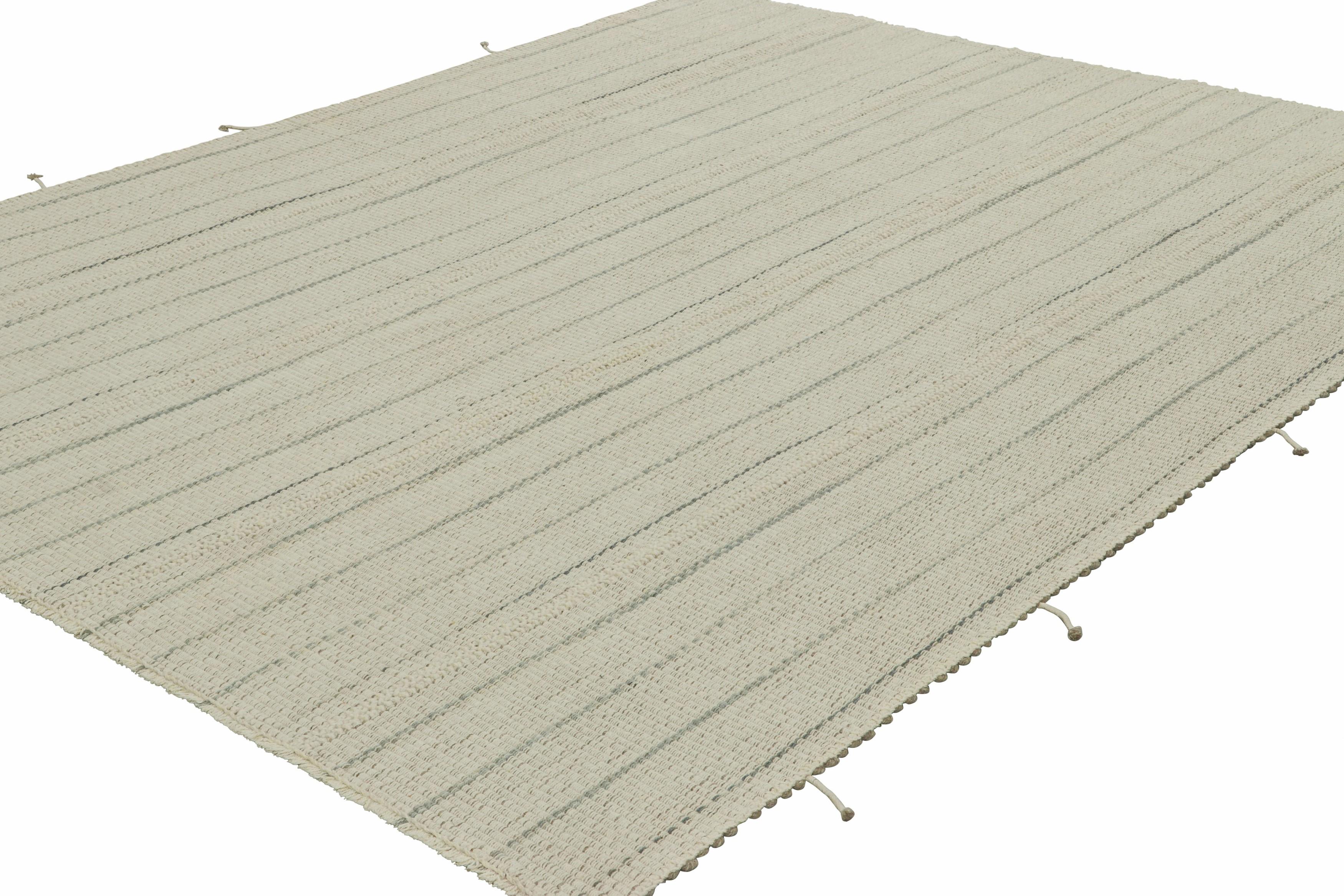Hand-Woven Rug & Kilim’s Contemporary Kilim in White and Gray Textural Stripes For Sale