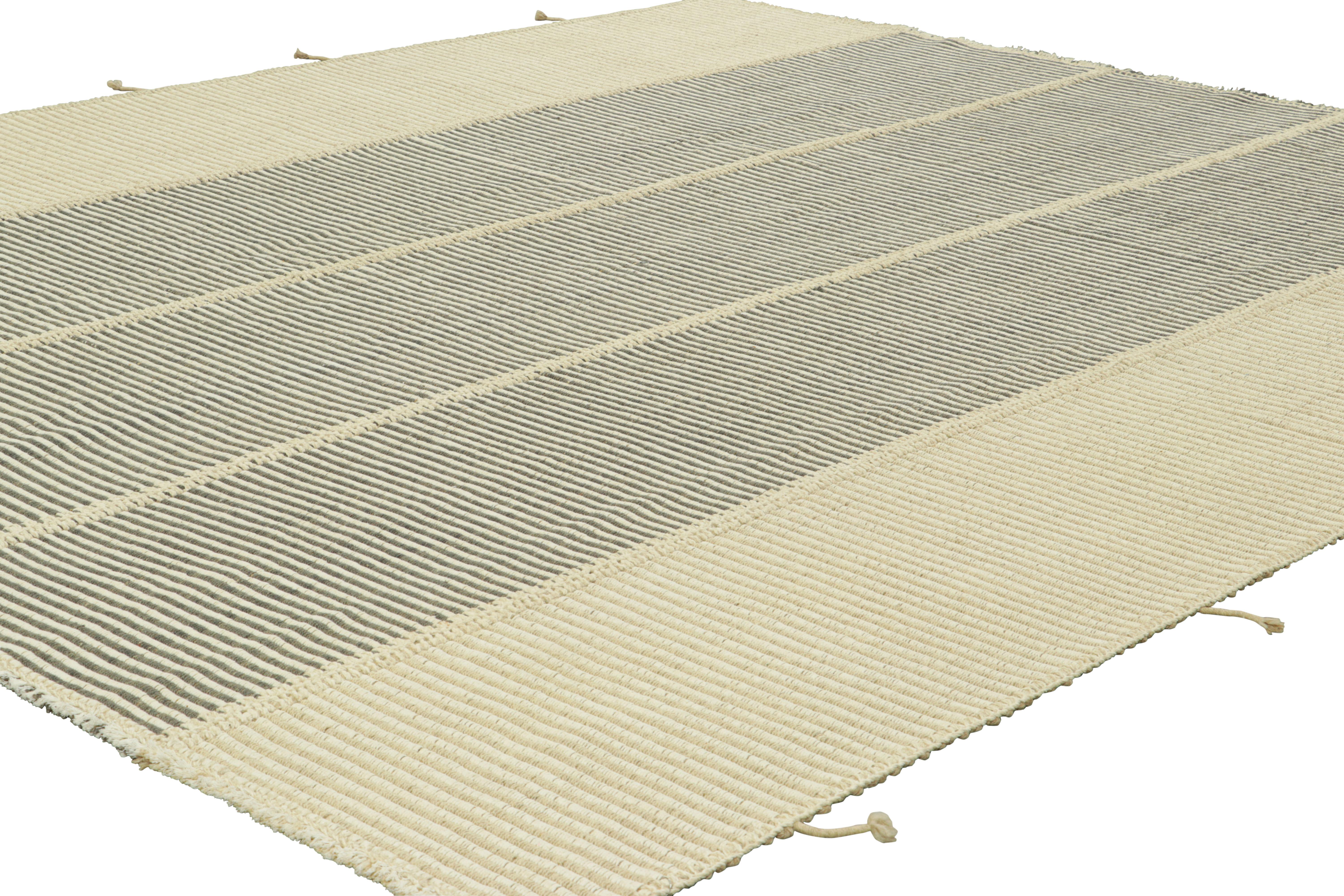 Afghan Rug & Kilim’s Contemporary Kilim in White, Beige and Gray Textural Stripes For Sale