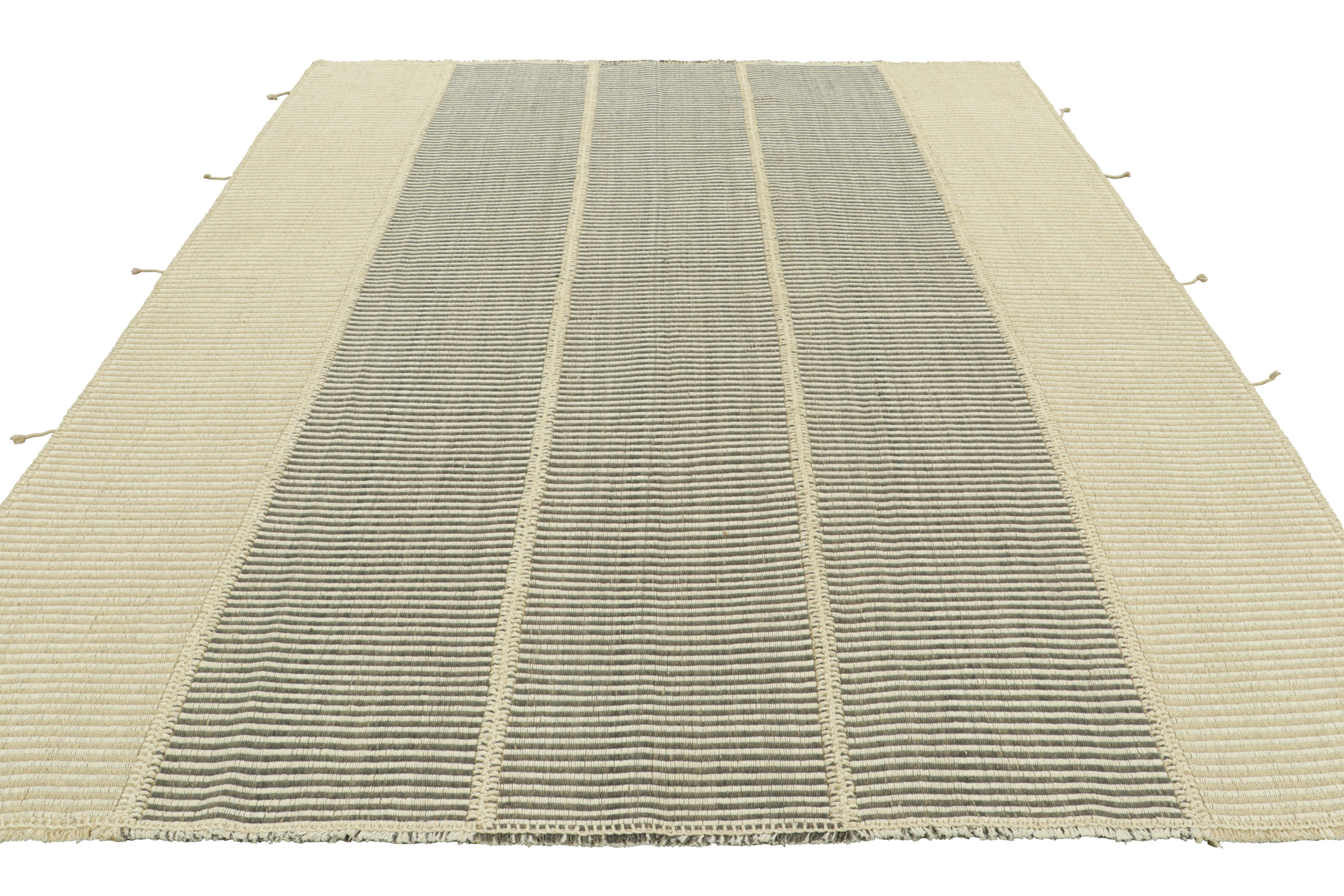 Hand-Woven Rug & Kilim’s Contemporary Kilim in White, Beige and Gray Textural Stripes For Sale