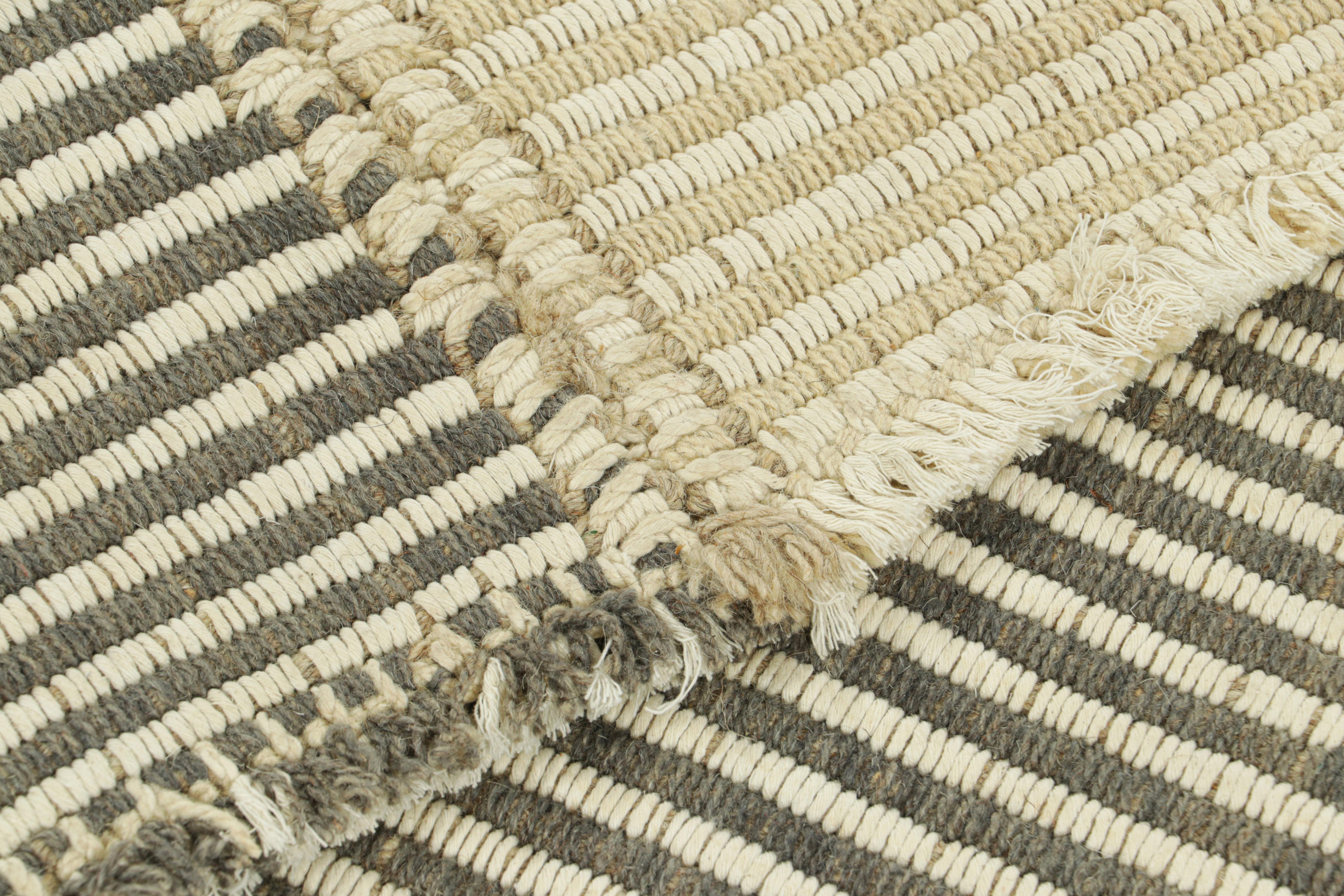 Wool Rug & Kilim’s Contemporary Kilim in White, Beige and Gray Textural Stripes For Sale