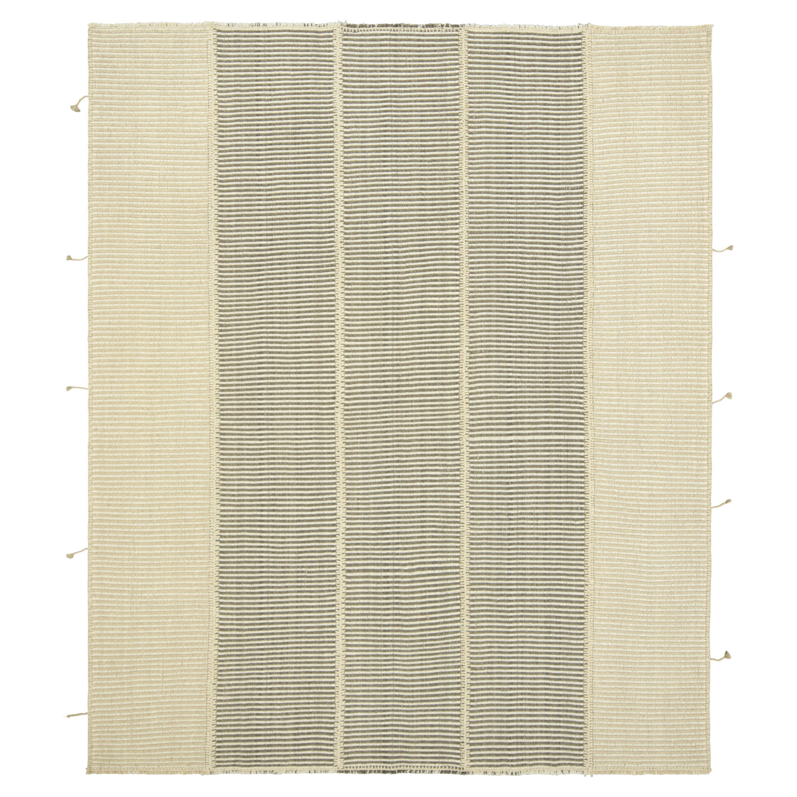 Rug & Kilim’s Contemporary Kilim in White, Beige and Gray Textural Stripes