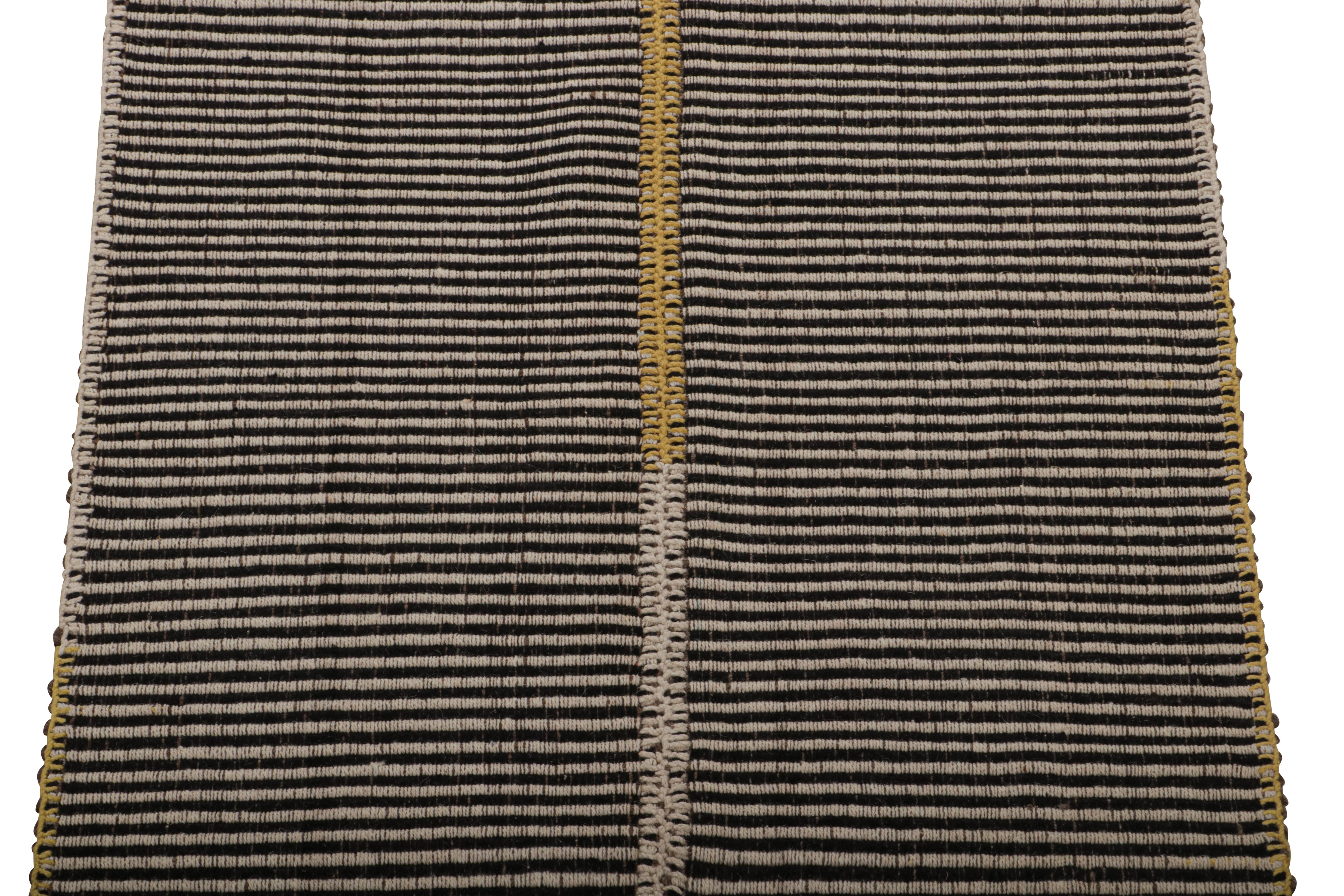 Hand-Woven Rug & Kilim’s Contemporary Kilim in with Beige-Brown Stripes and Gold Accents For Sale