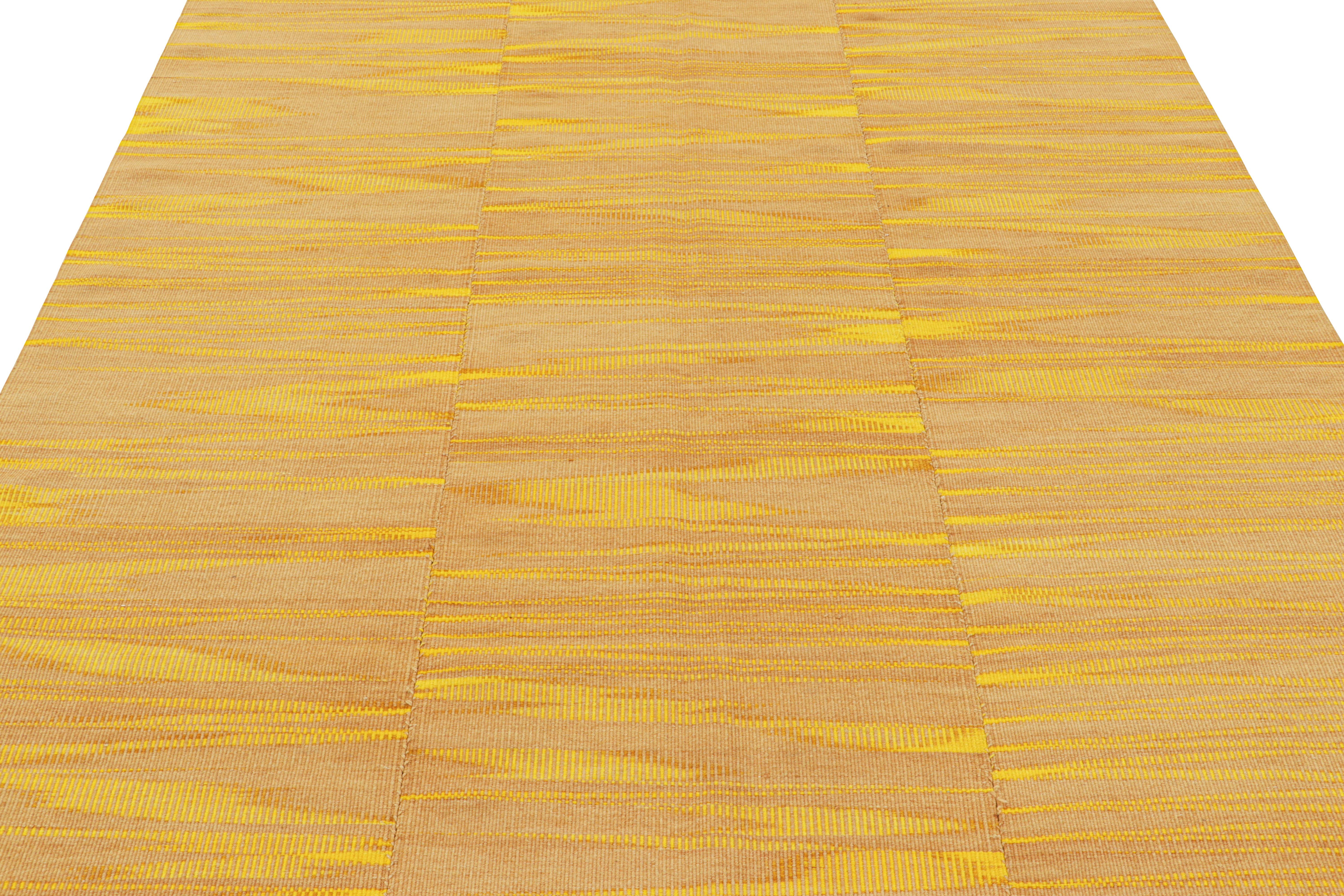 Modern Rug & Kilim’s Contemporary Kilim in Yellow and Beige-Brown Stripes and Geometry For Sale