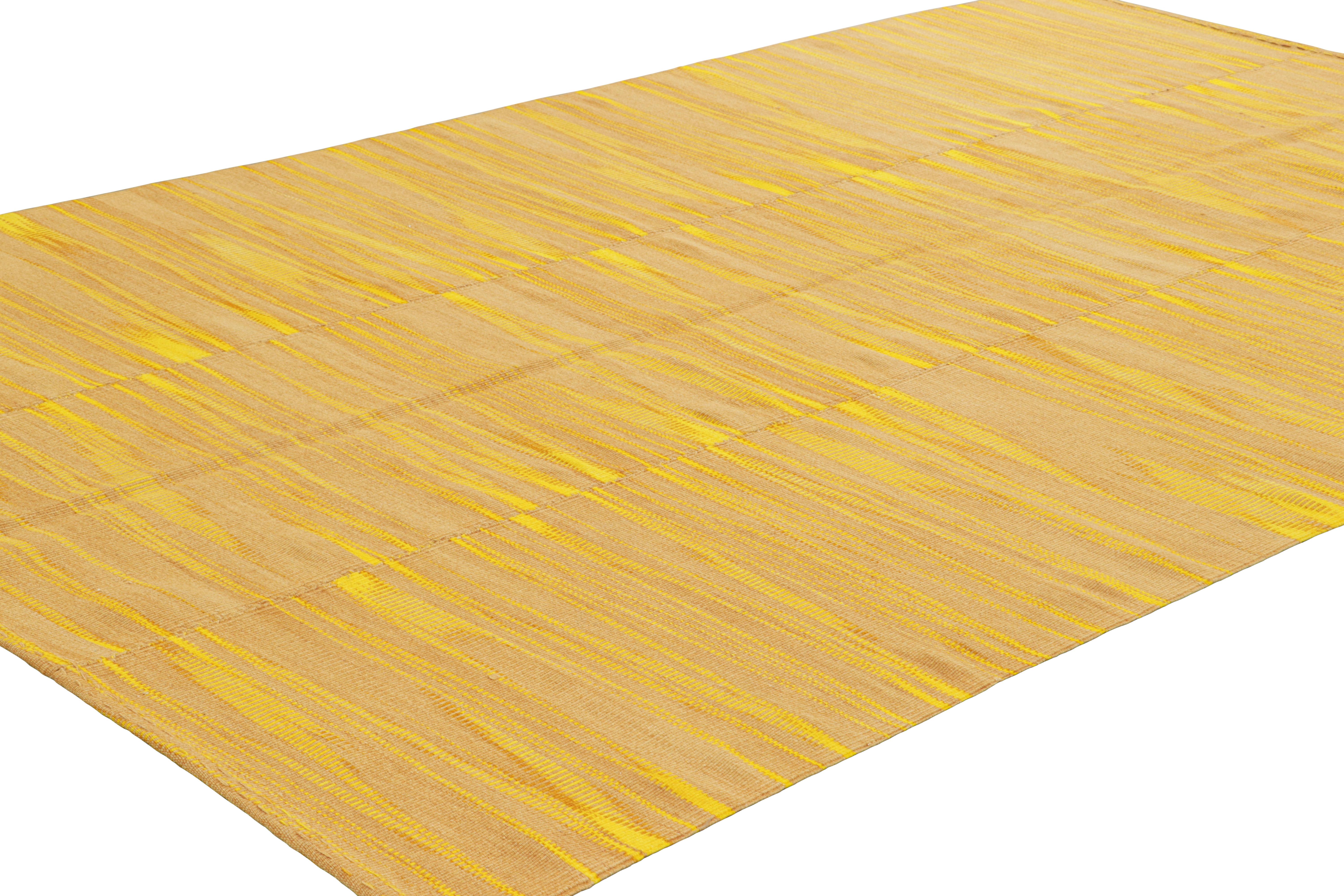 Turkish Rug & Kilim’s Contemporary Kilim in Yellow and Beige-Brown Stripes and Geometry For Sale