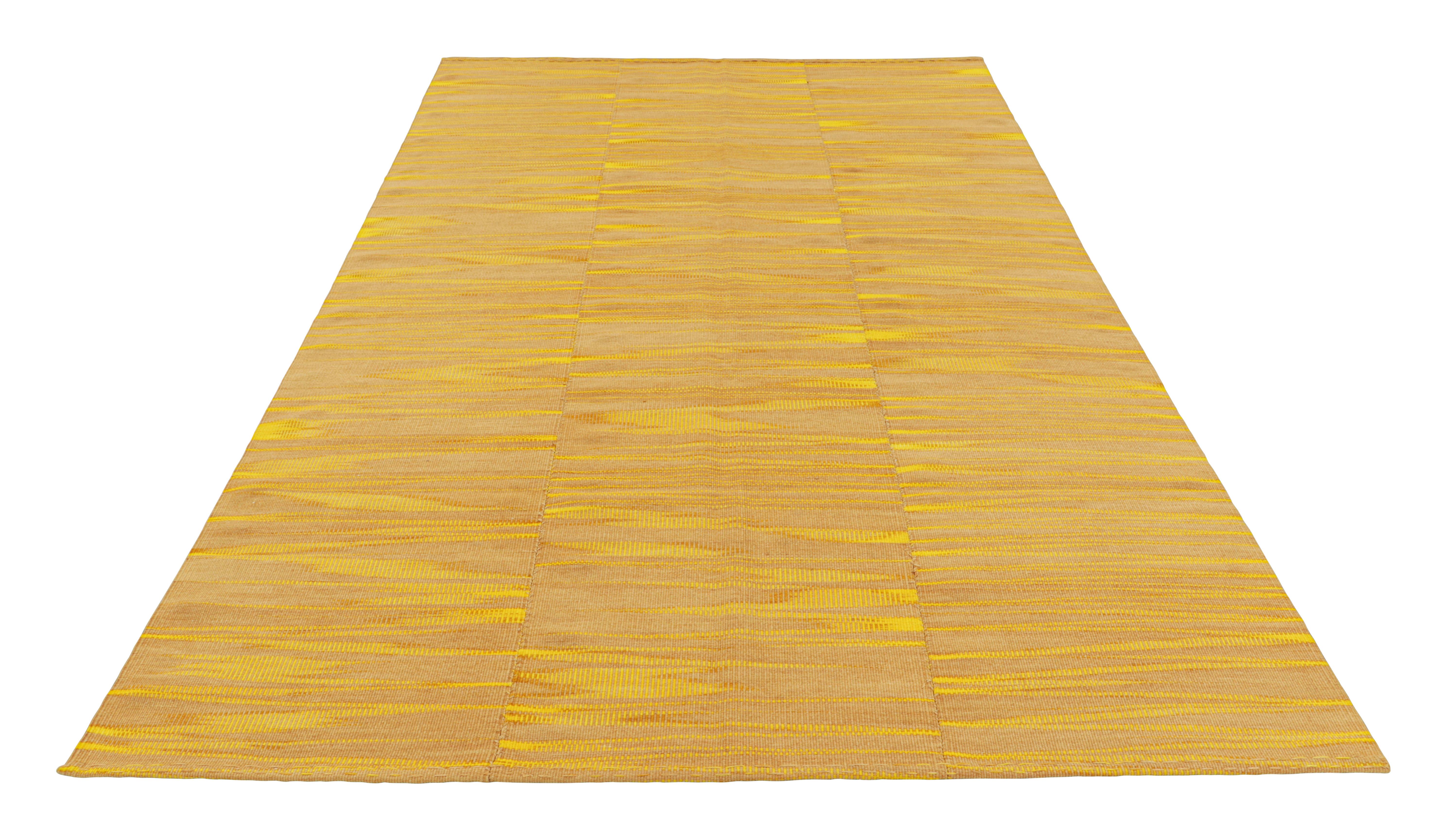 Hand-Woven Rug & Kilim’s Contemporary Kilim in Yellow and Beige-Brown Stripes and Geometry For Sale