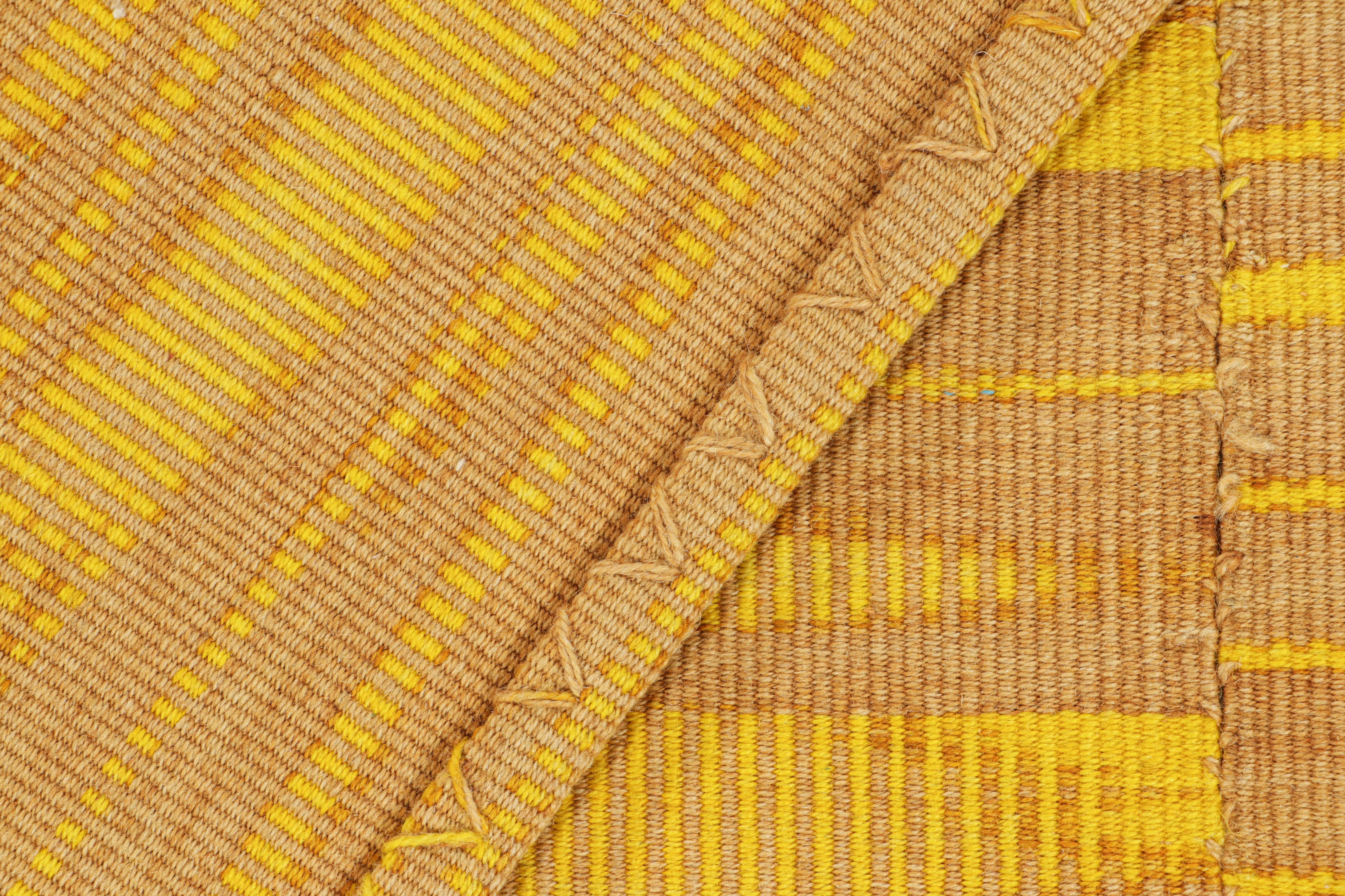 Wool Rug & Kilim’s Contemporary Kilim in Yellow and Beige-Brown Stripes and Geometry For Sale